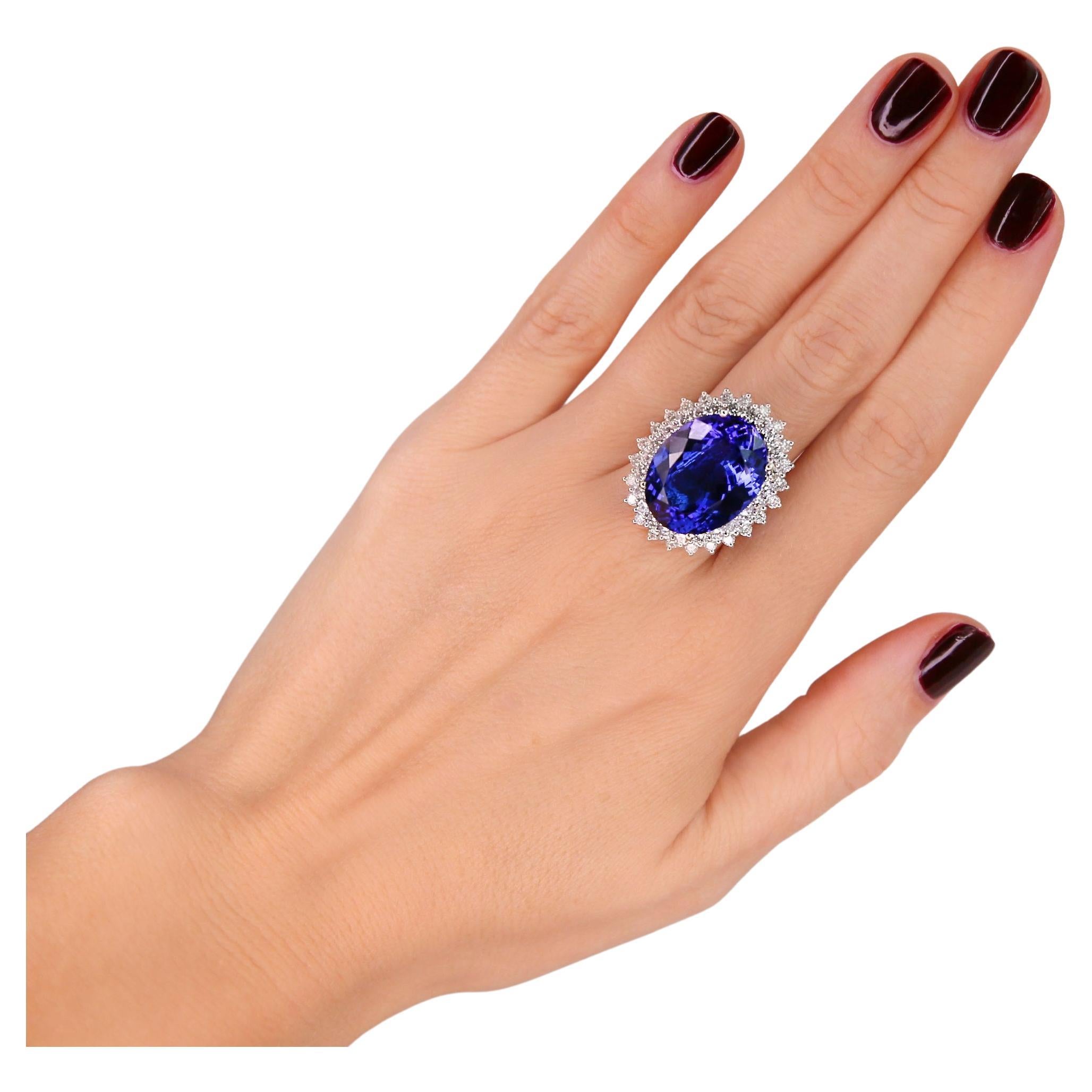 Chic 22, 43 Carat Tanzanite Diamond White 18k Gold Dangle Ring for Her For Sale