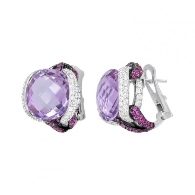 Modern Chic Amethyst 24, 35ct Pink Sapphire Diamond White 18K Gold Earrings for Her For Sale