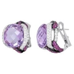 Chic Amethyst 24, 35ct Pink Sapphire Diamond White 18K Gold Earrings for Her