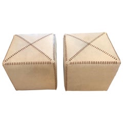 Chic and Fun Pair of White Cowhide Cube Shaped Poufs Ottomans