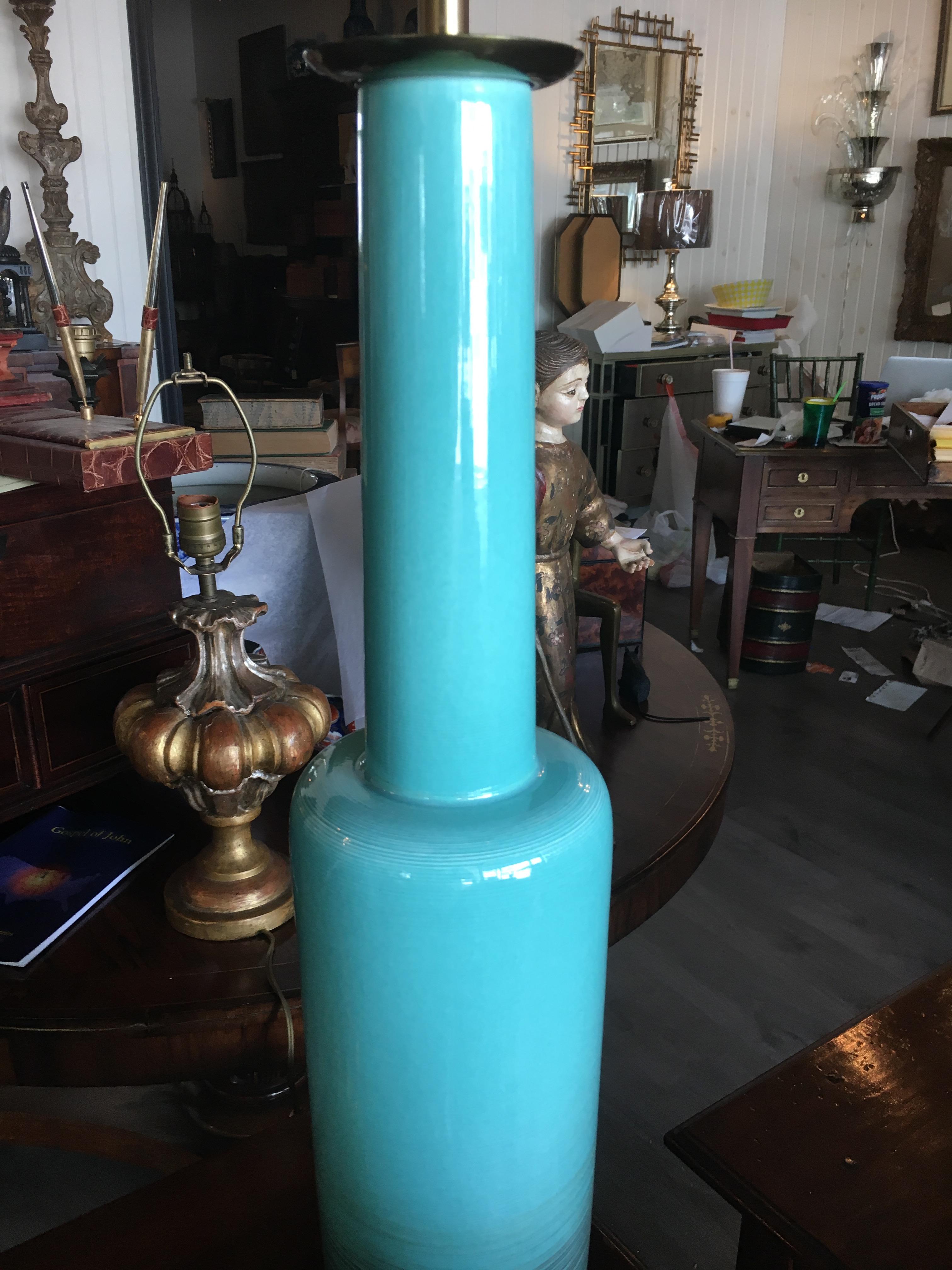 20th Century Chic and Rare Pair of Midcentury Tiffany Blue Lamps with Original Shades For Sale