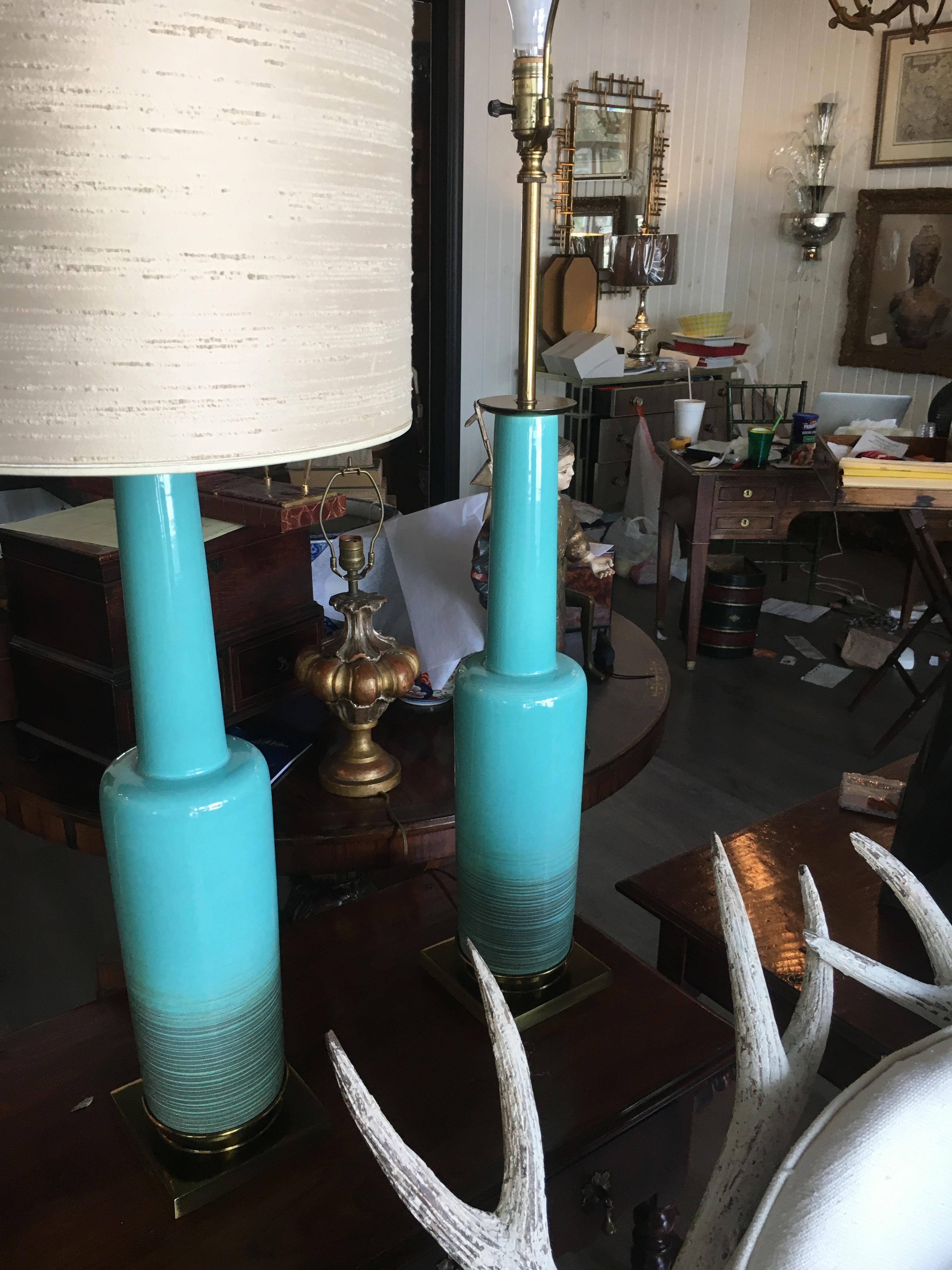 Brass Chic and Rare Pair of Midcentury Tiffany Blue Lamps with Original Shades For Sale