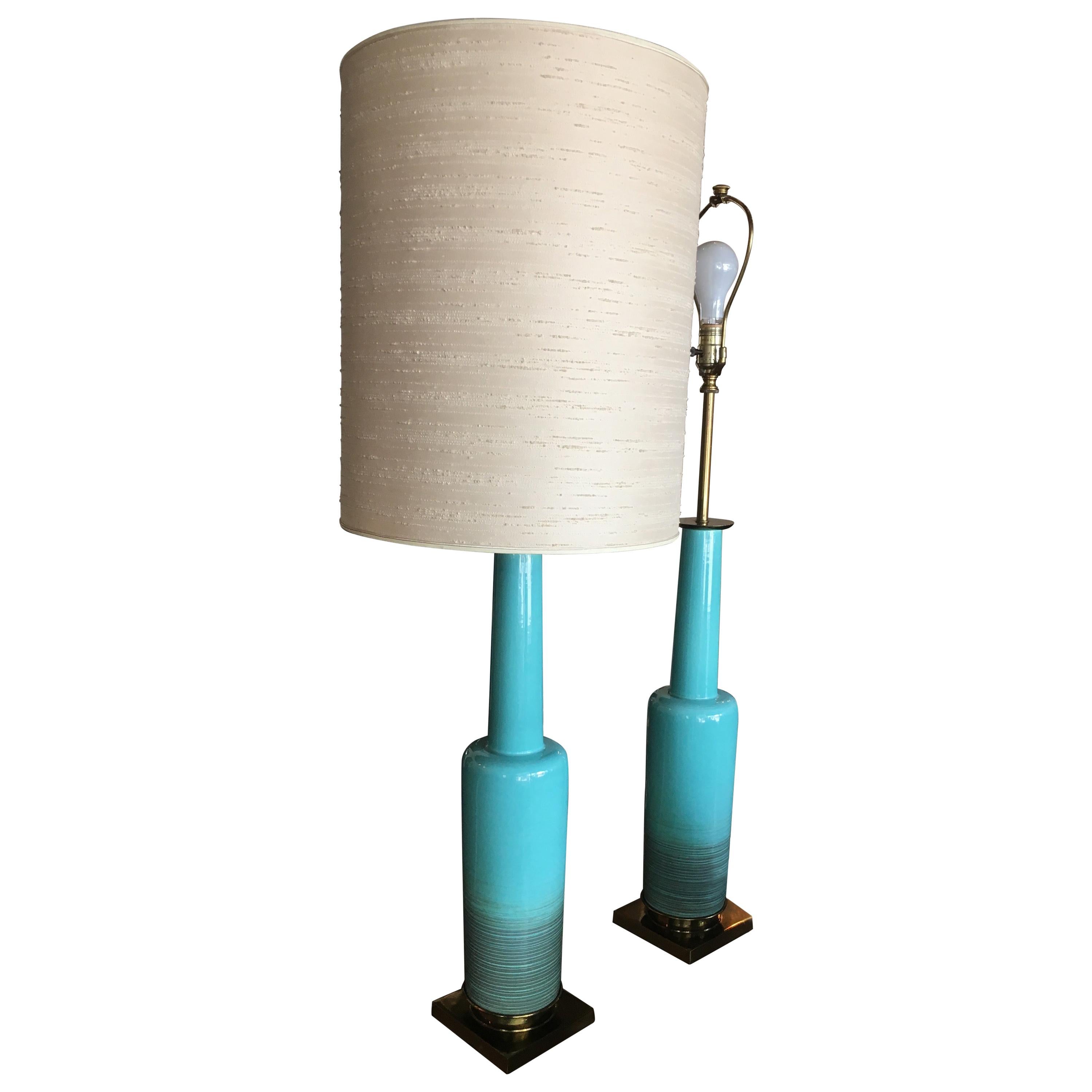 Chic and Rare Pair of Midcentury Tiffany Blue Lamps with Original Shades
