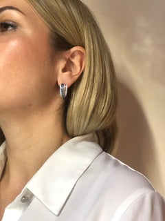 Chic and Stylish Baguette Blue Sapphire White Diamond Gold Lever-Back Earrings