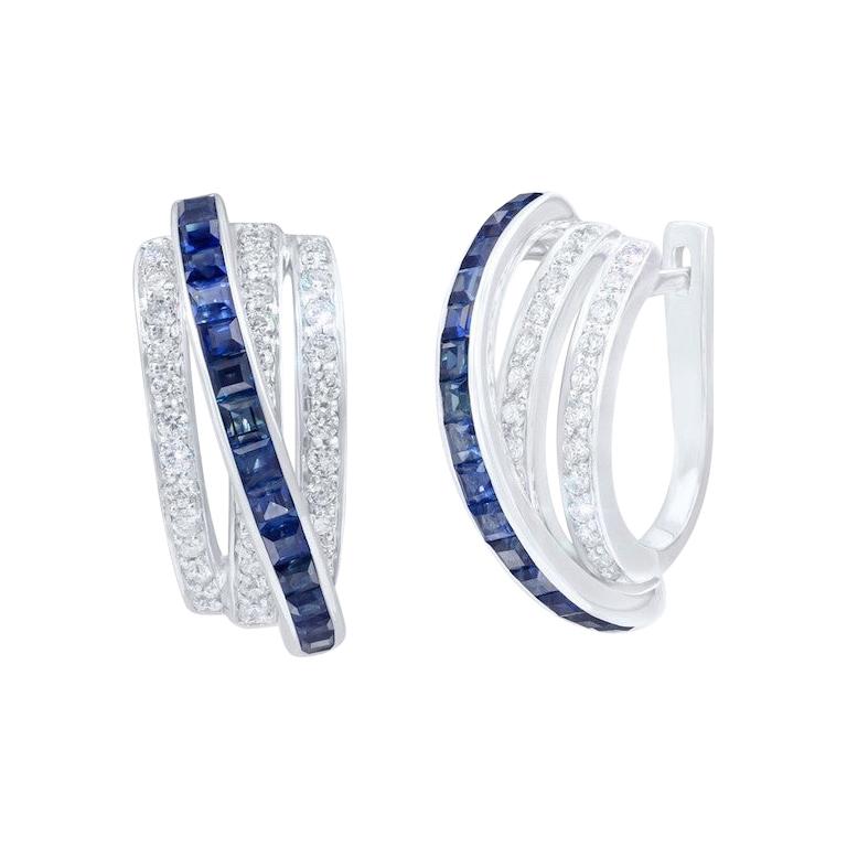 Chic and Stylish Baguette Blue Sapphire White Diamond Gold Lever-Back Earrings For Sale