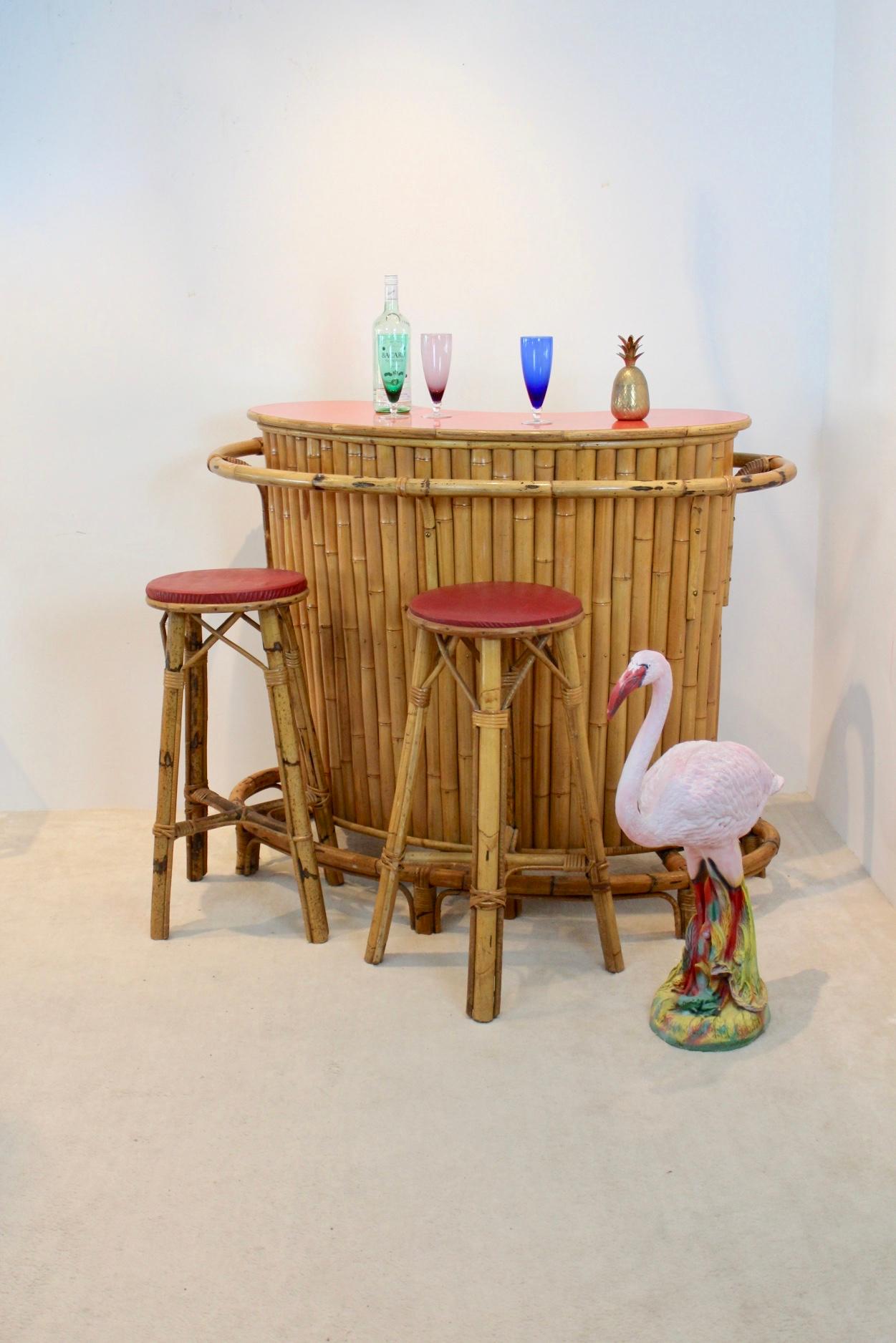 Chic and Versatile French Midcentury Rattan and Bamboo Tiki Bar with Stools 2