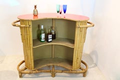 Chic and Versatile French Midcentury Rattan and Bamboo Tiki Bar with Stools