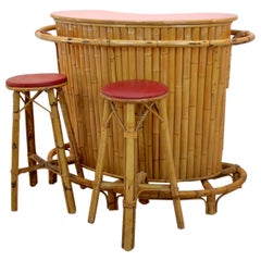 Vintage Chic and Versatile French Midcentury Rattan and Bamboo Tiki Bar with Stools