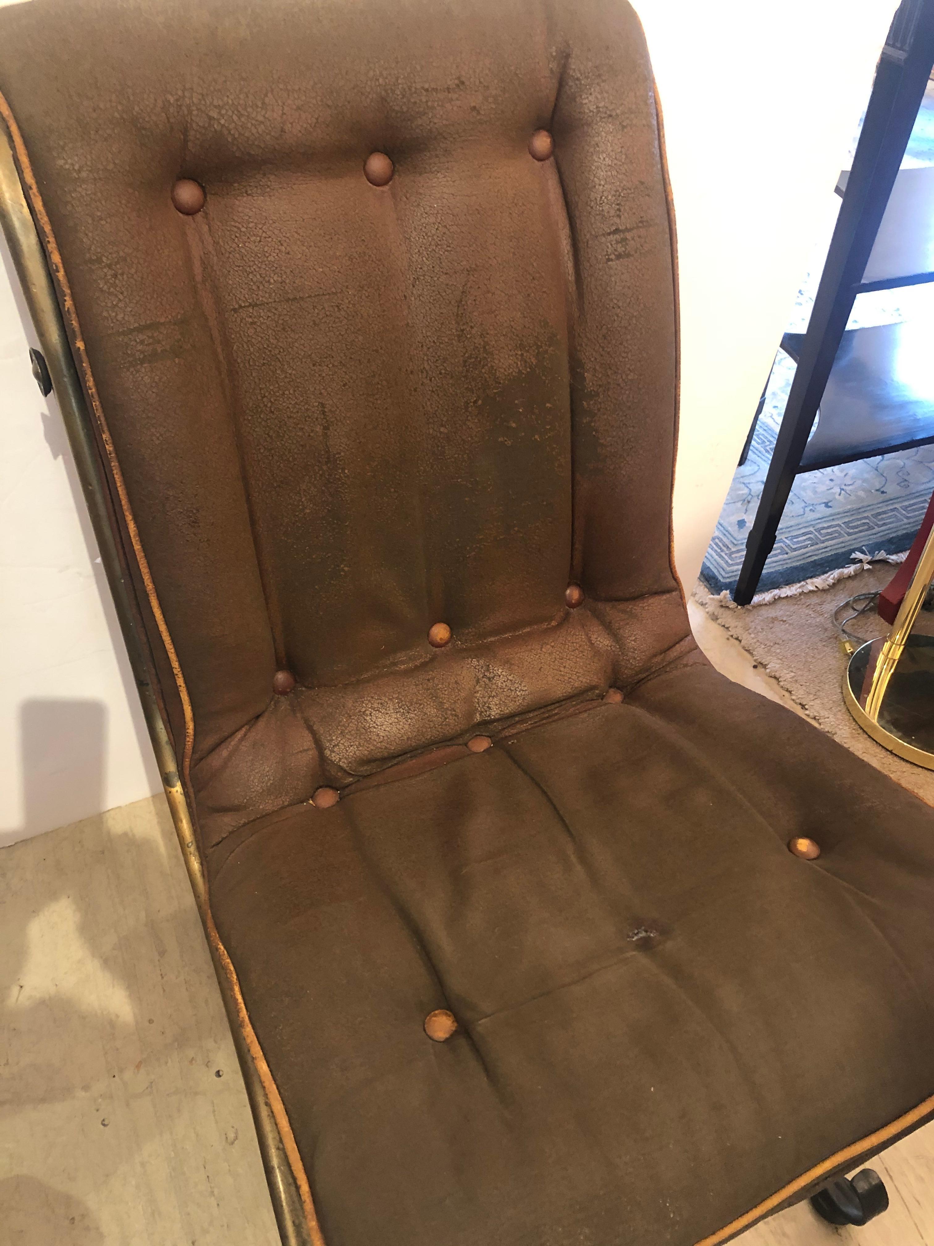 Chic Antique French Iron Brass & Original Distressed Leather Side Chair In Distressed Condition For Sale In Hopewell, NJ