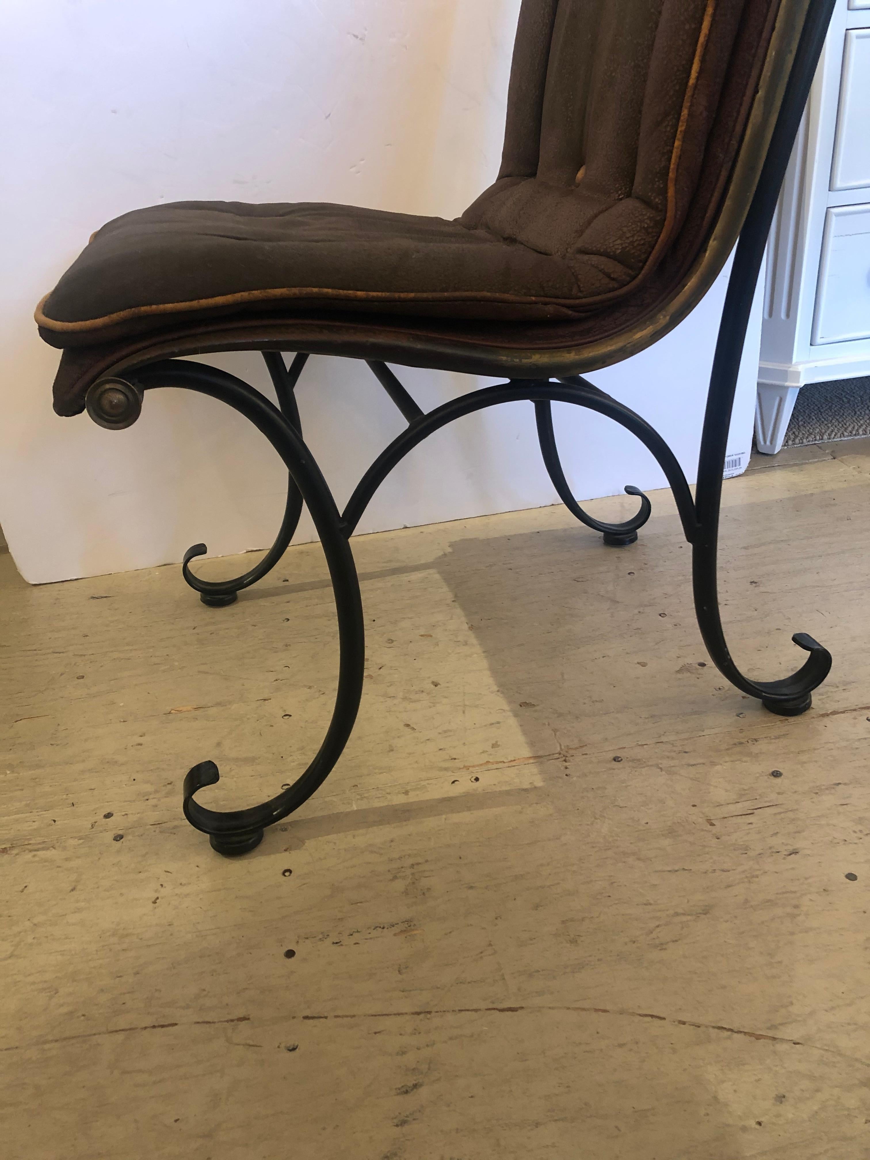 Early 20th Century Chic Antique French Iron Brass & Original Distressed Leather Side Chair For Sale