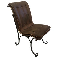 Chic Antique French Iron Brass & Original Distressed Leather Side Chair