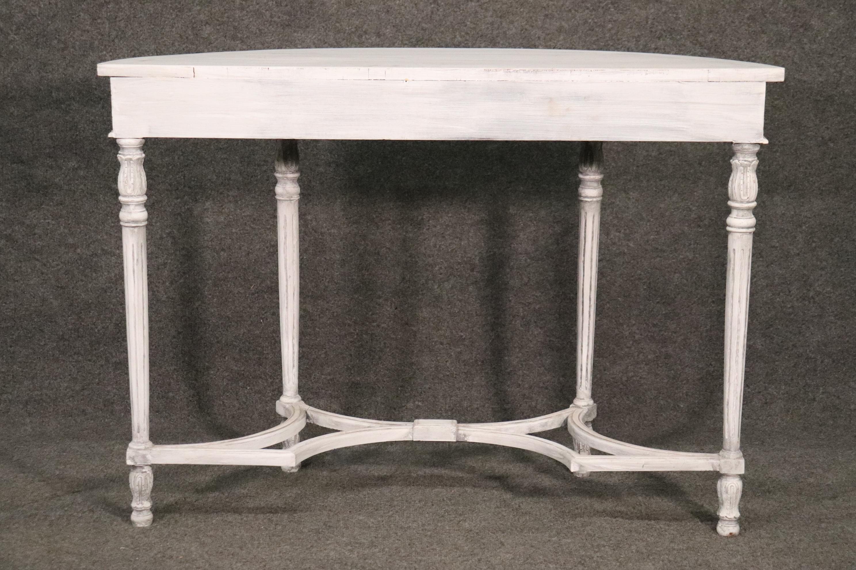 Chic Antique White Painted Demilune French Louis XVI Console Table In Good Condition For Sale In Swedesboro, NJ