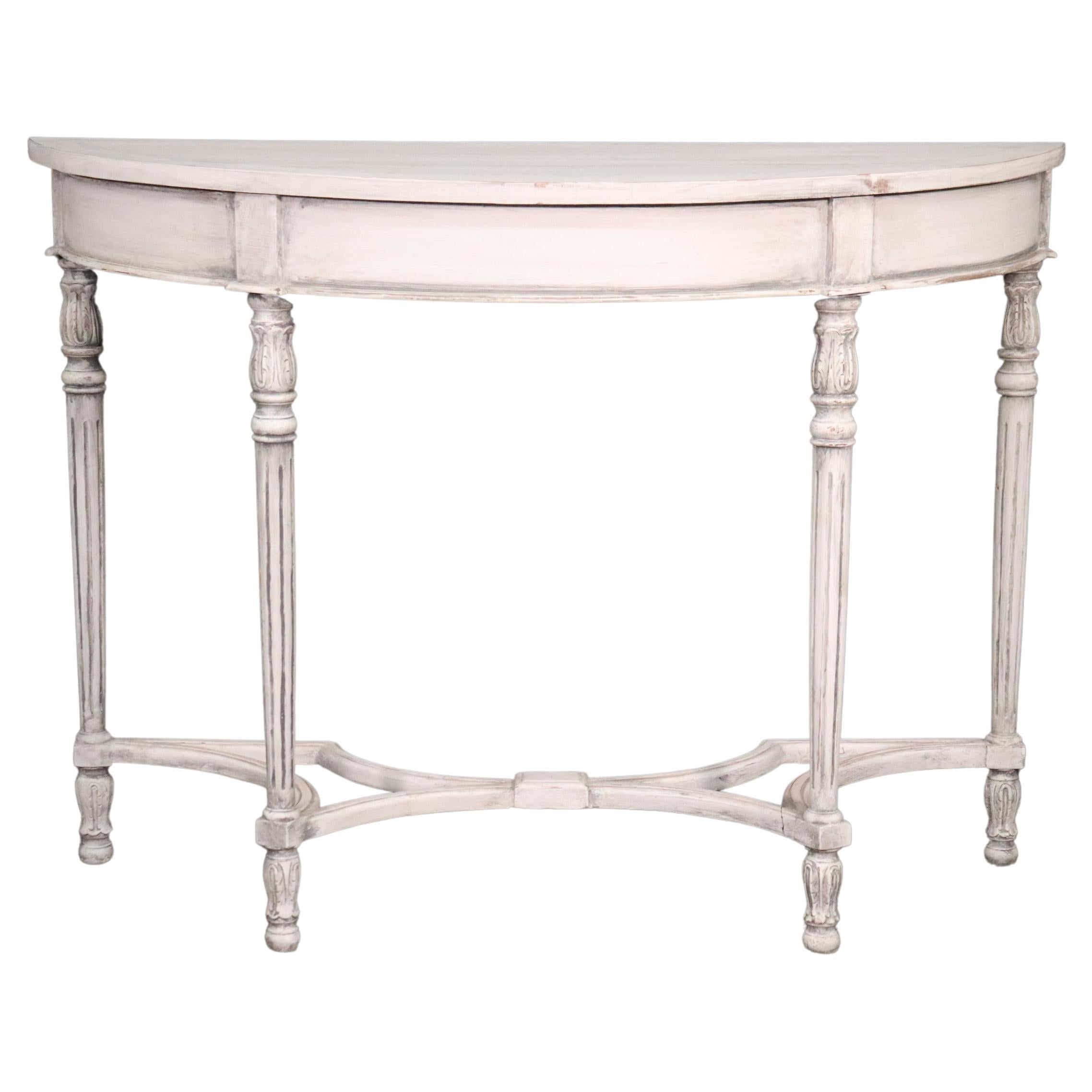 Chic Antique White Painted Demilune French Louis XVI Console Table For Sale
