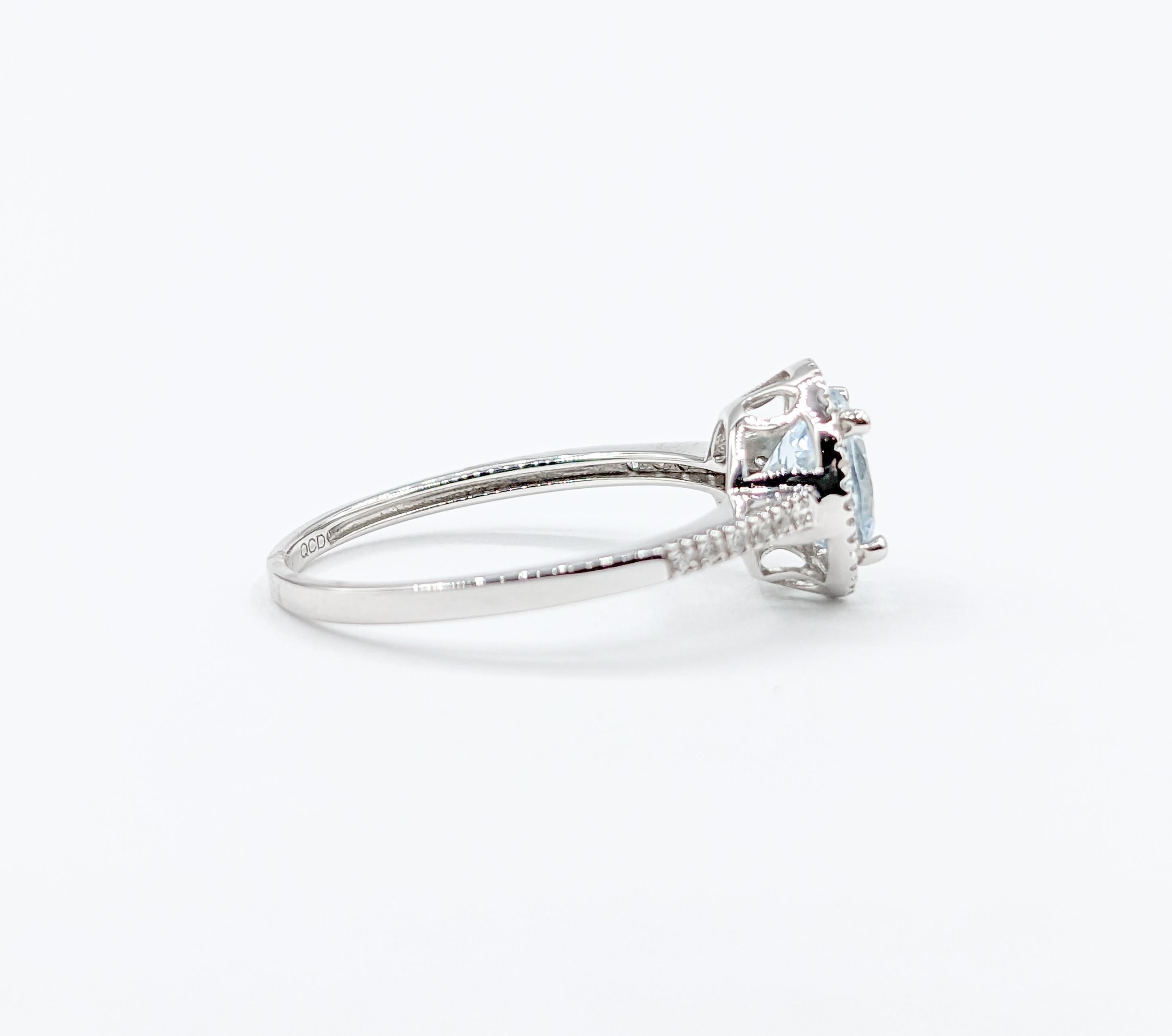 Women's Chic Aquamarine & Diamond Halo Ring in White Gold For Sale
