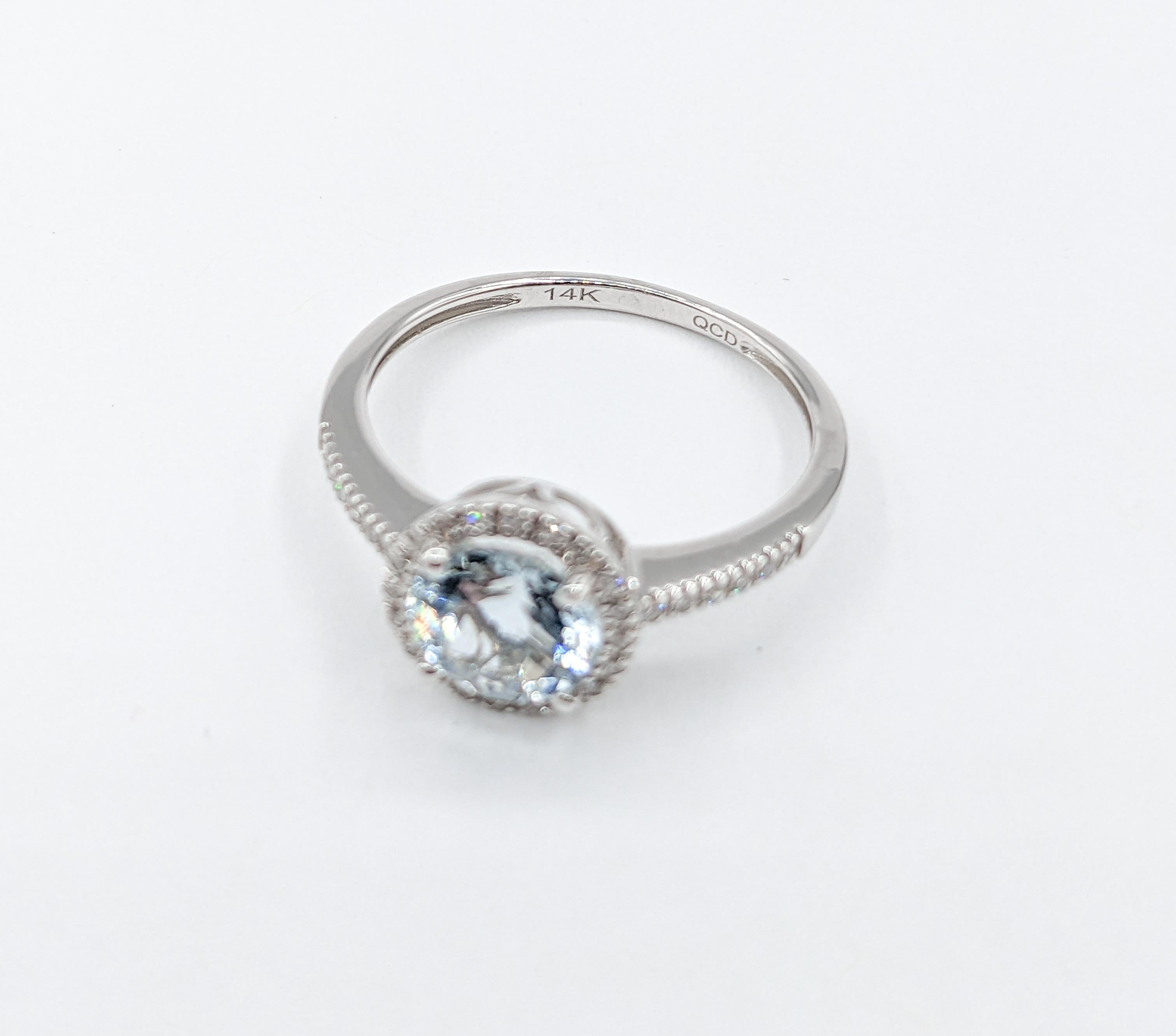 Chic Aquamarine & Diamond Halo Ring in White Gold For Sale 1