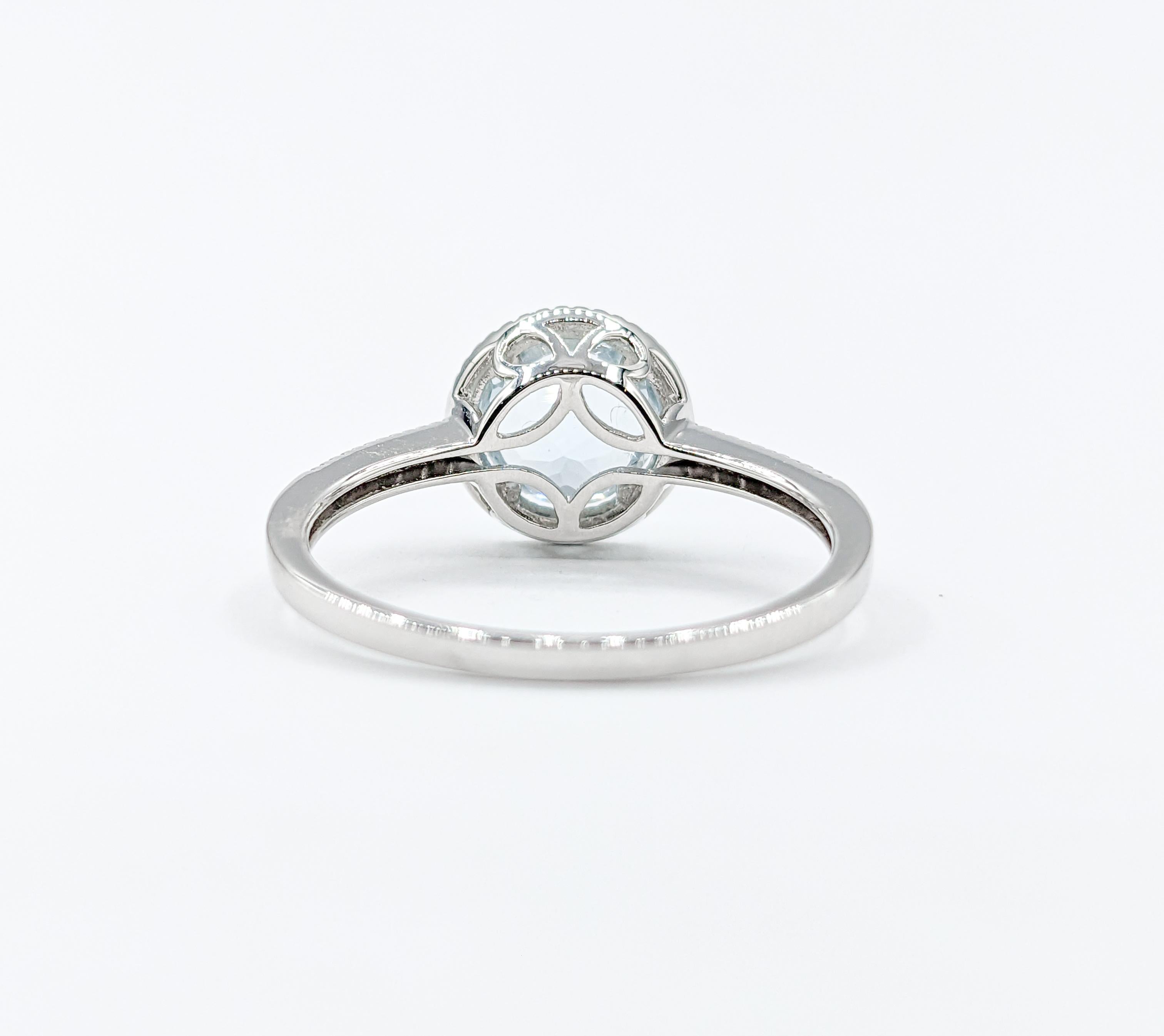 Chic Aquamarine & Diamond Halo Ring in White Gold For Sale 2