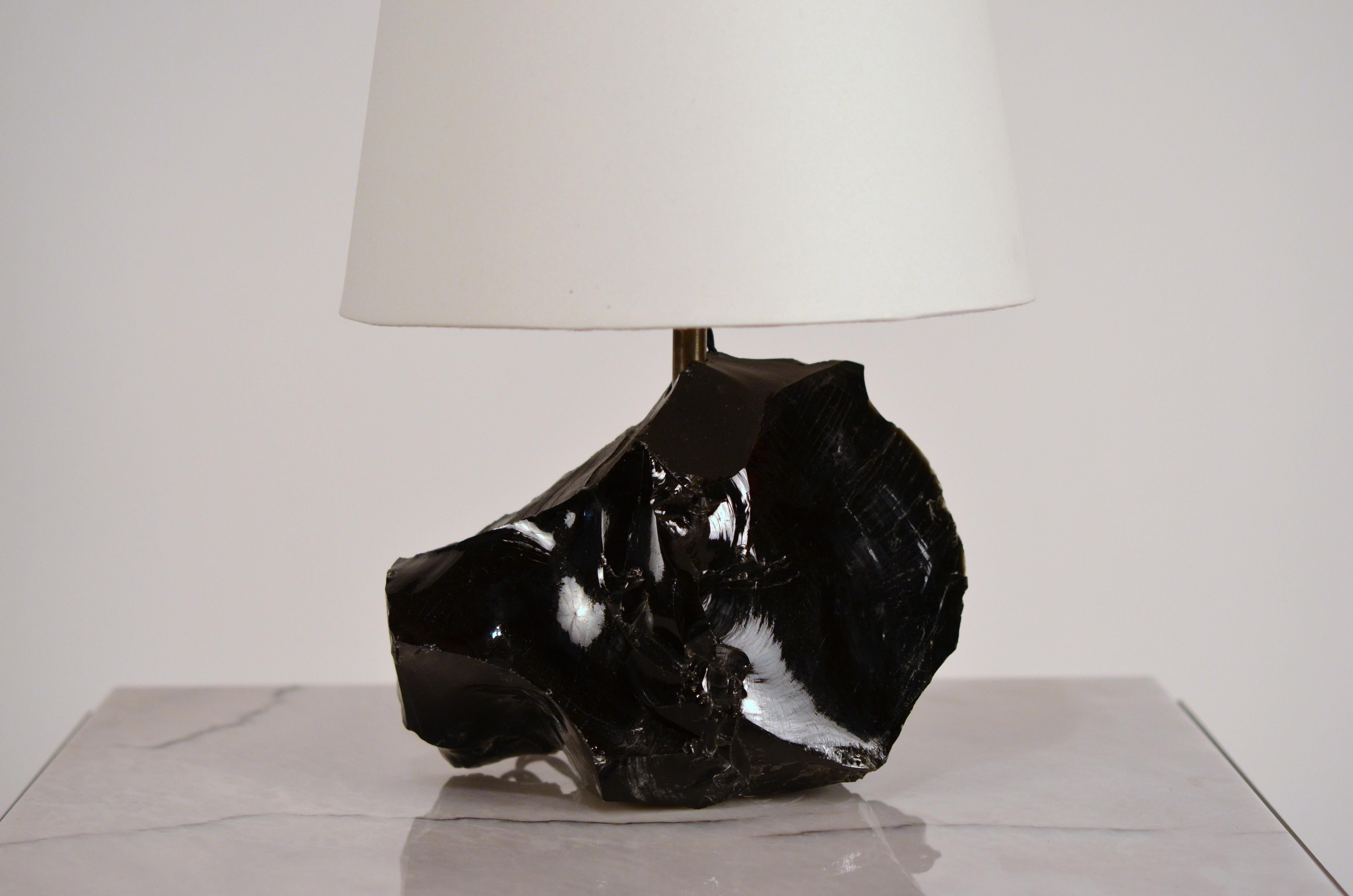 Hand-Carved Chic Art Deco Obsidienne or Obsidian Stone Lamp with Parchment Shade
