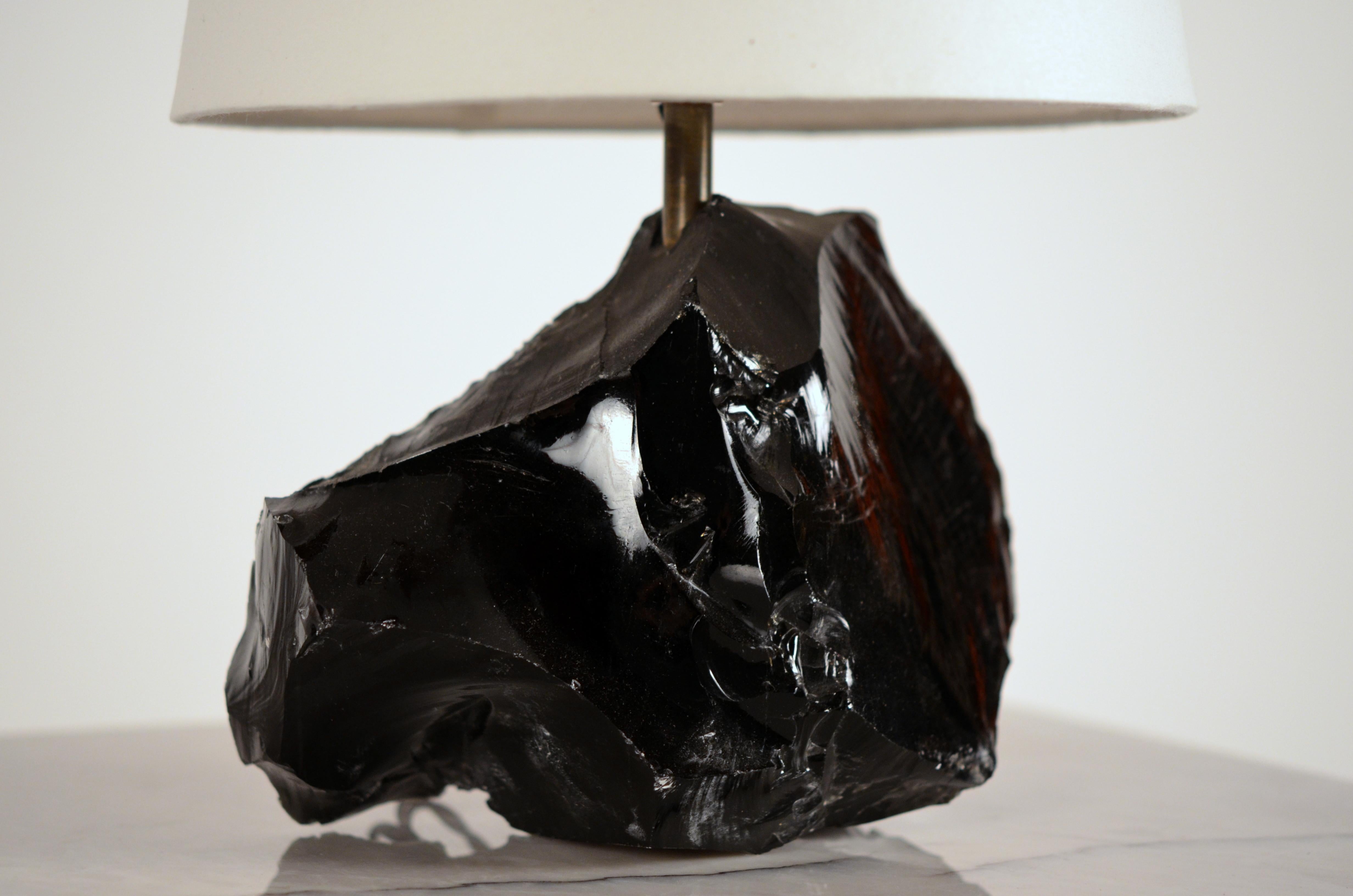 Mid-20th Century Chic Art Deco Obsidienne or Obsidian Stone Lamp with Parchment Shade