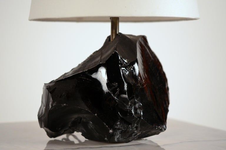 Glass Chic Art Deco Obsidienne or Obsidian Stone Lamp with Parchment Shade