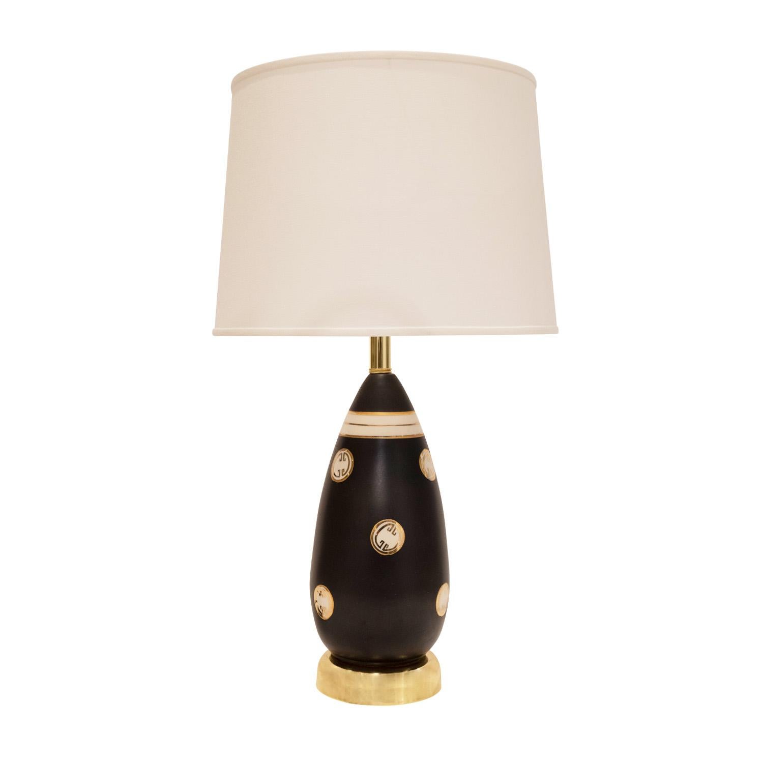 Mid-Century Modern Chic Artisan Porcelain Table Lamp with Gold Medallions, 1960s For Sale