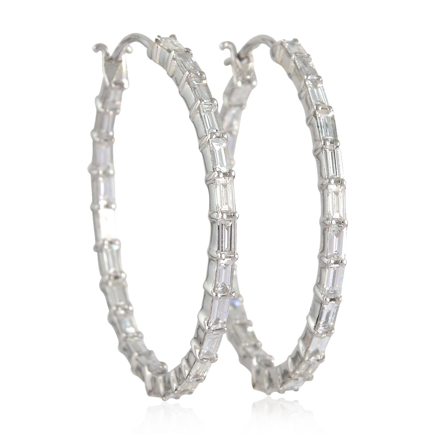 Modern Chic Baguette Diamond Hoop Earrings in 18k White Gold For Sale