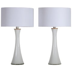 Chic Bergboms Pair of Opaline Glass with Teak Table Lamps, Sweden, circa 1960