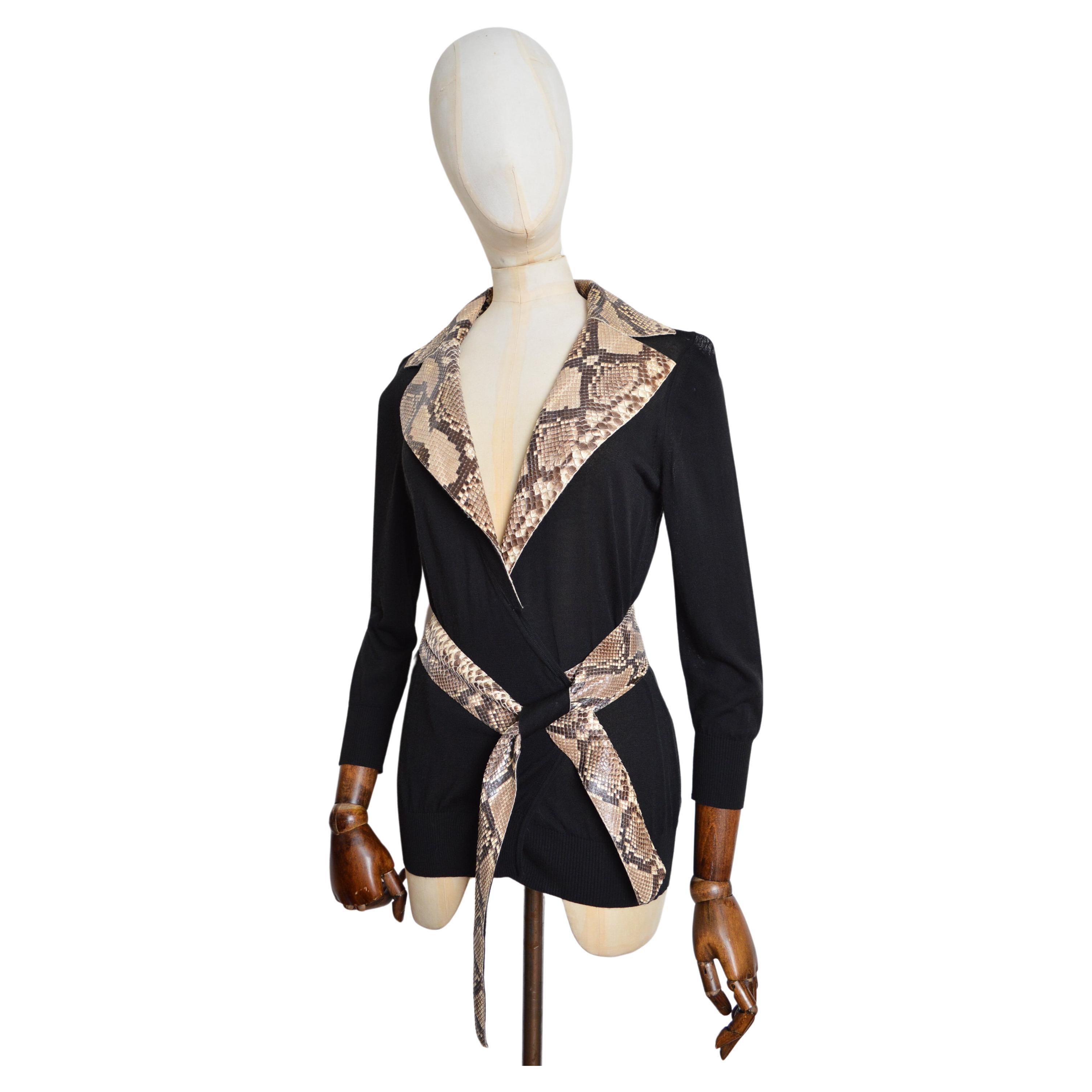 Chic Black Python Dolce & Gabbana Wrap around Knit Cardigan Sweater For Sale