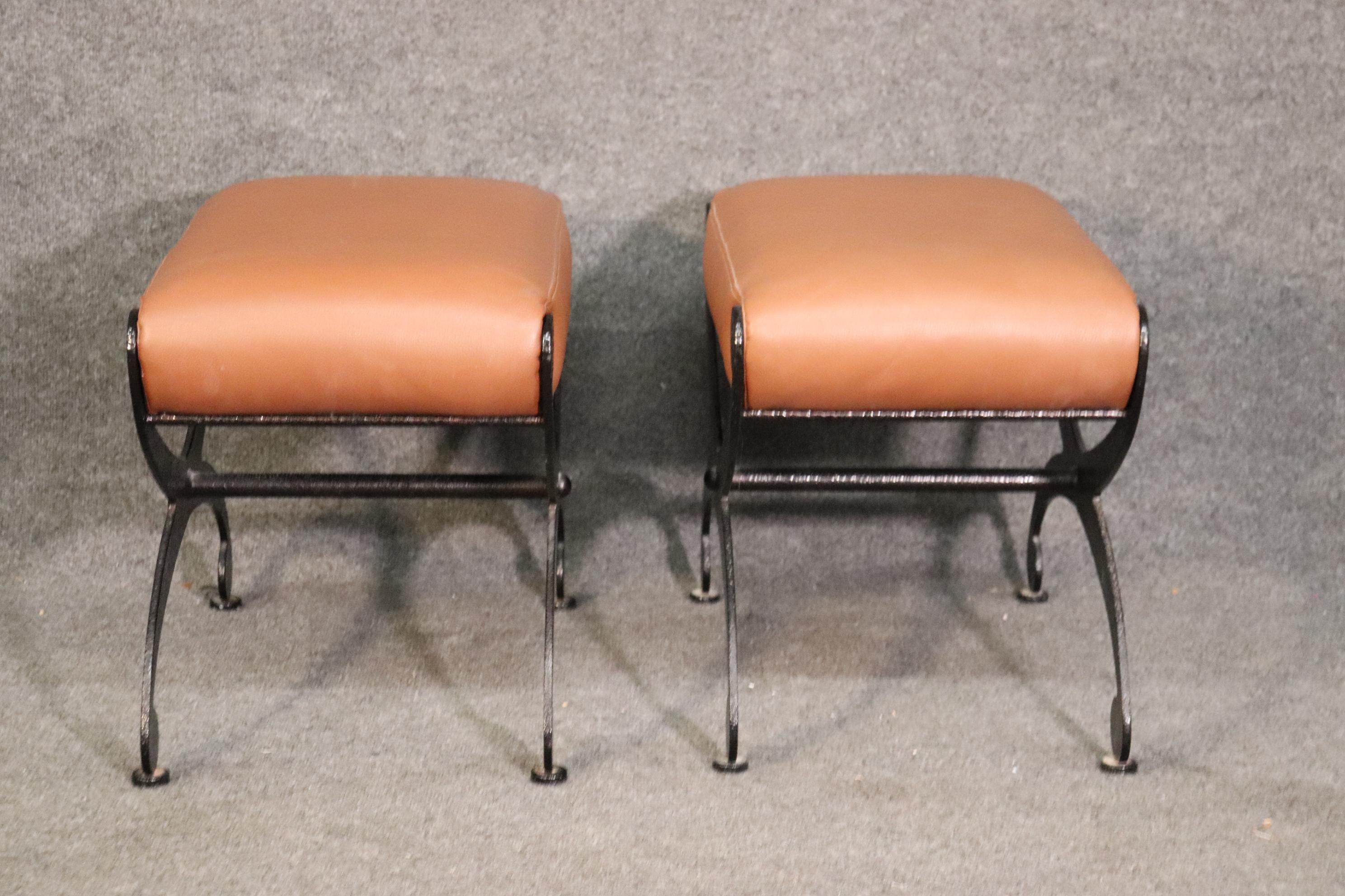 French Chic Black Wrought Iron and Leather X Benches, Circa 1950 For Sale