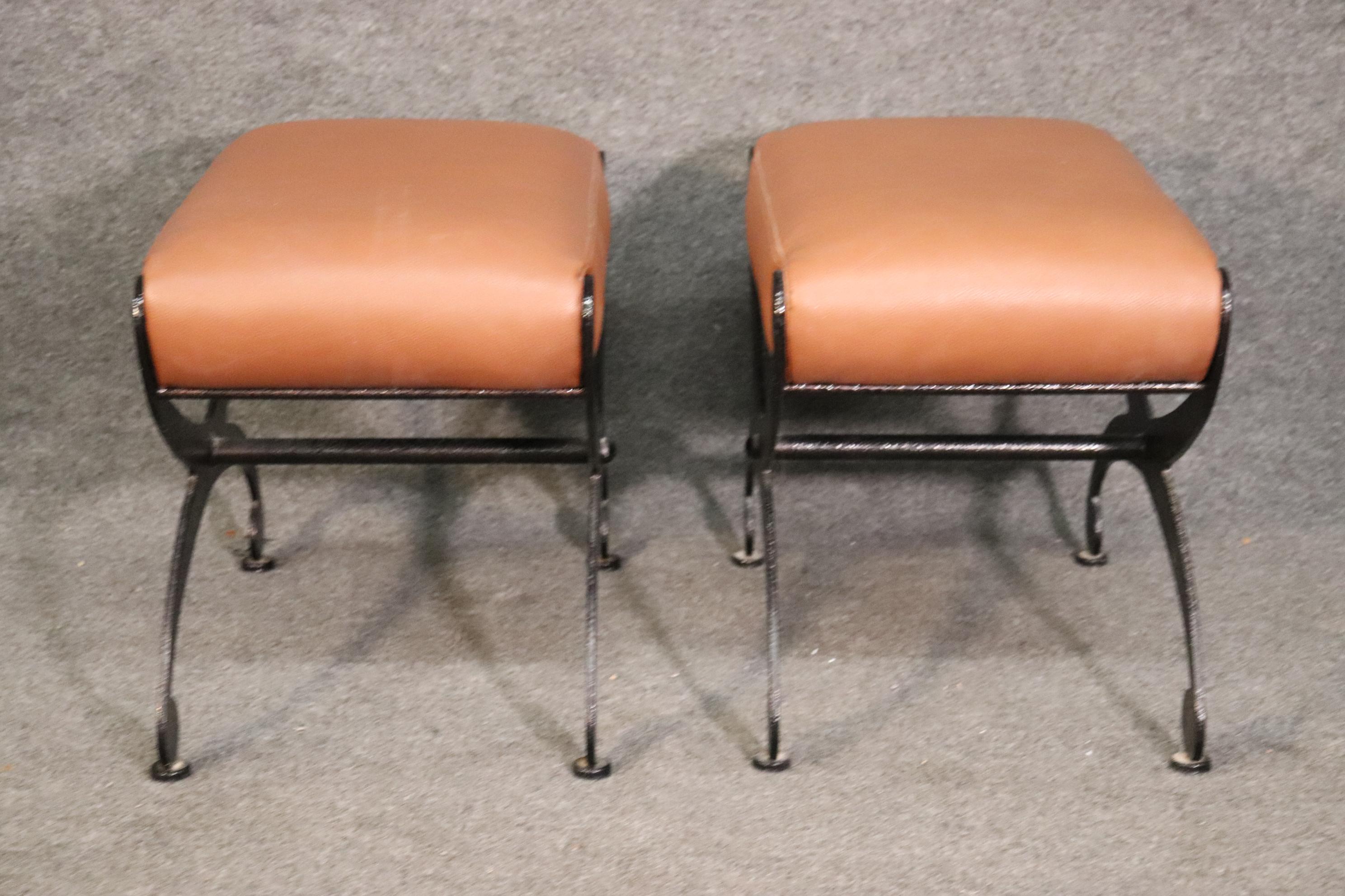 Mid-20th Century Chic Black Wrought Iron and Leather X Benches, Circa 1950 For Sale