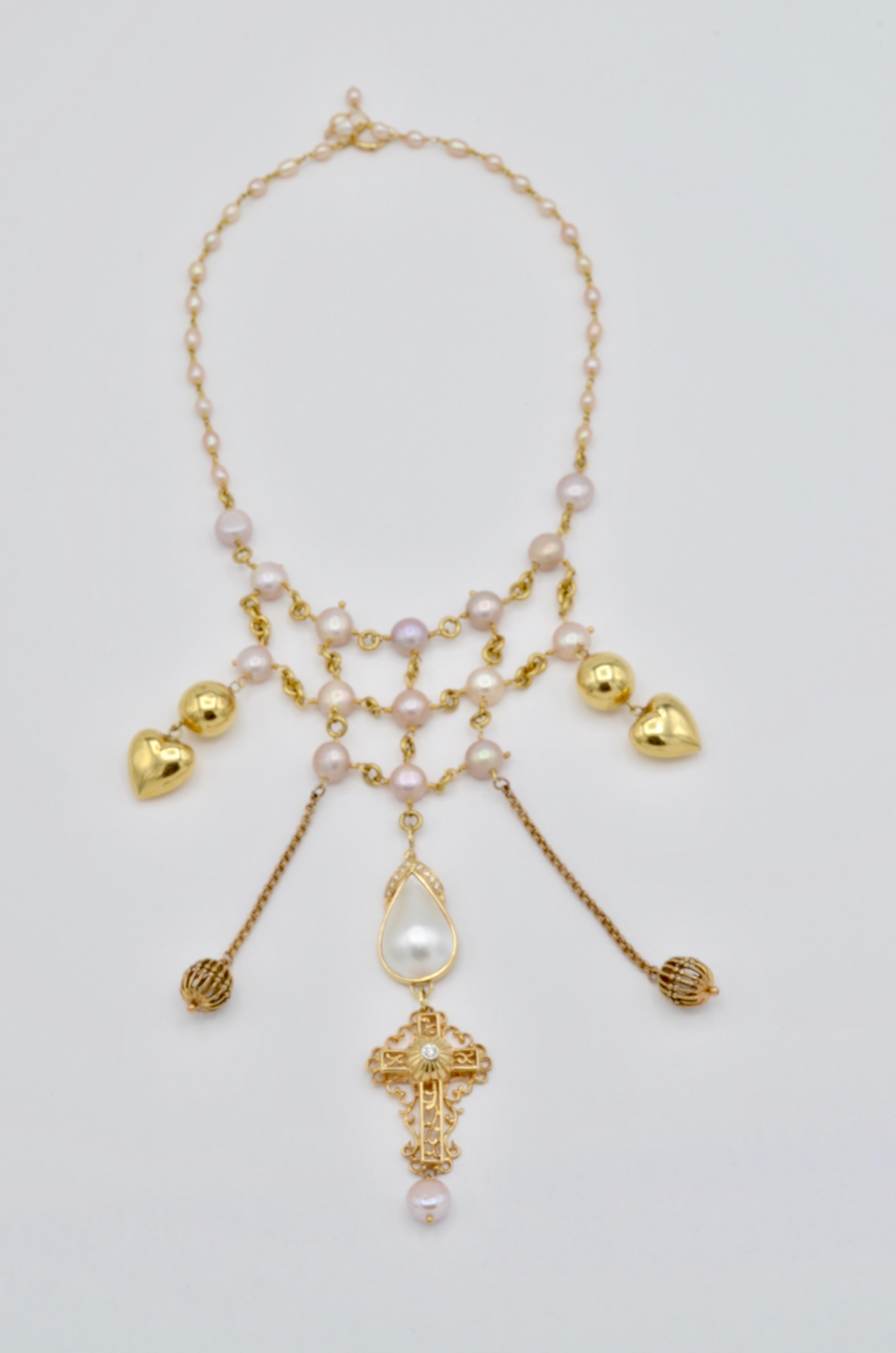 Baroque Revival Gold Pearl Necklace Pearls Mabe Diamond Cross