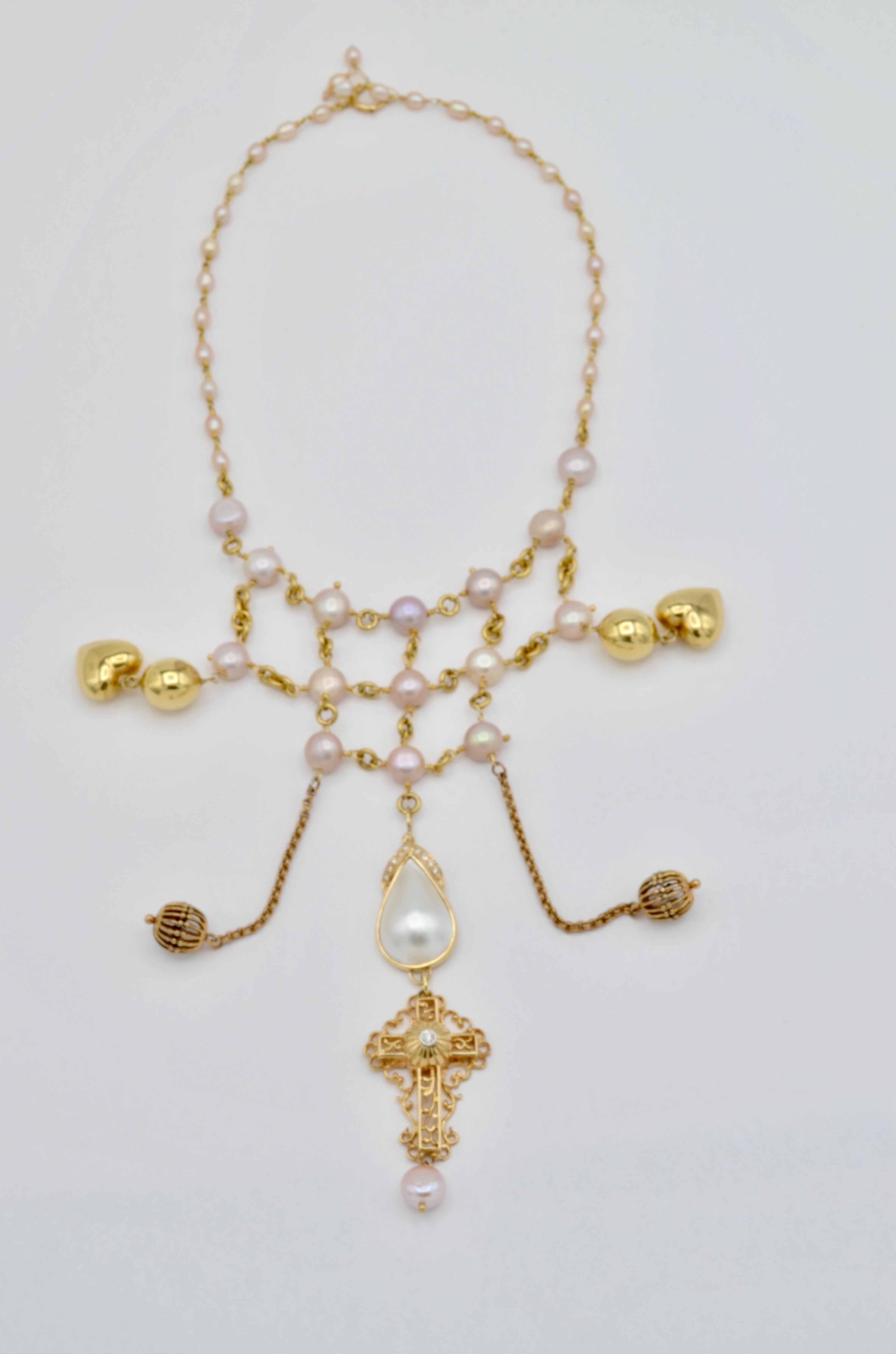 Round Cut Gold Pearl Necklace Pearls Mabe Diamond Cross