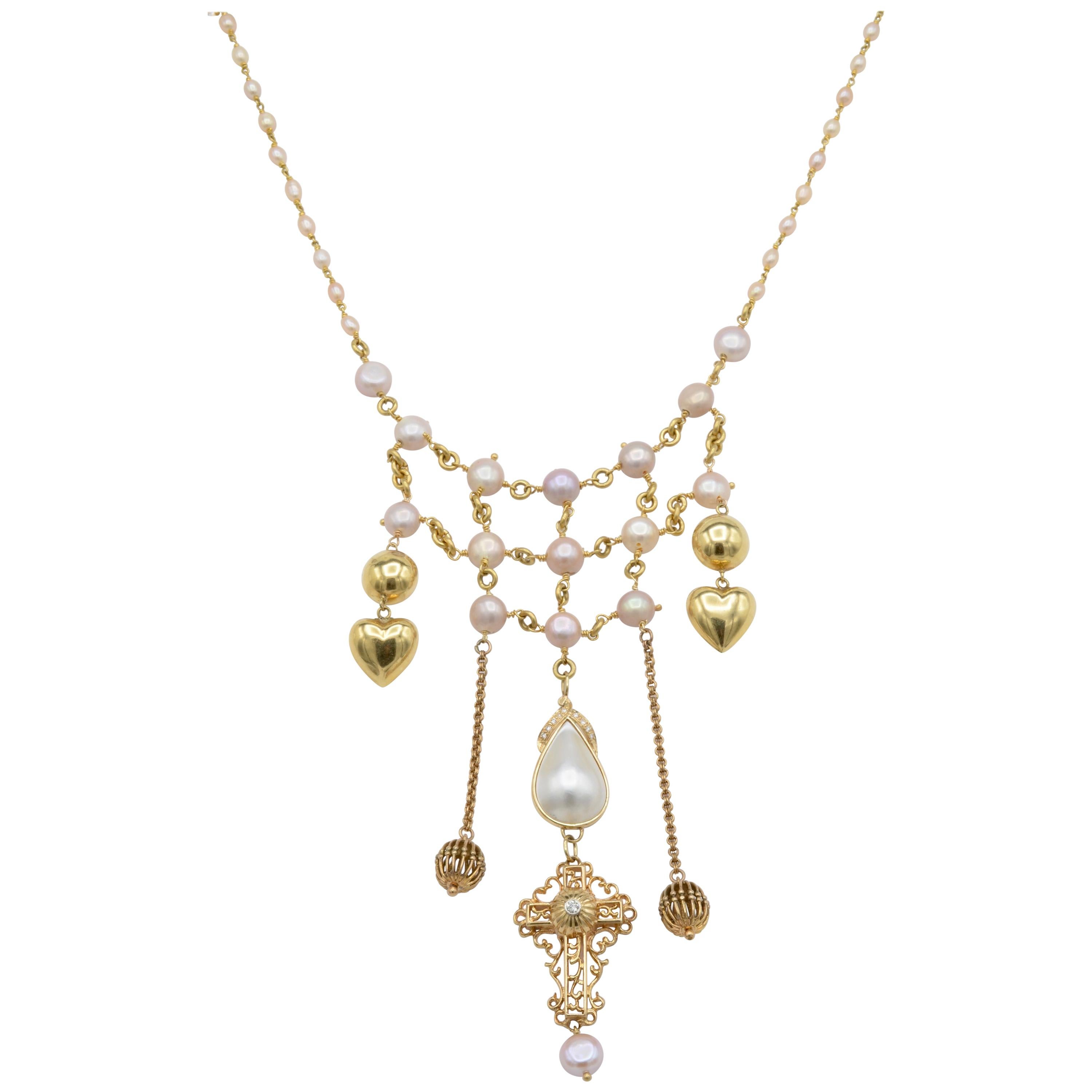 Gold Pearl Necklace Pearls Mabe Diamond Cross
