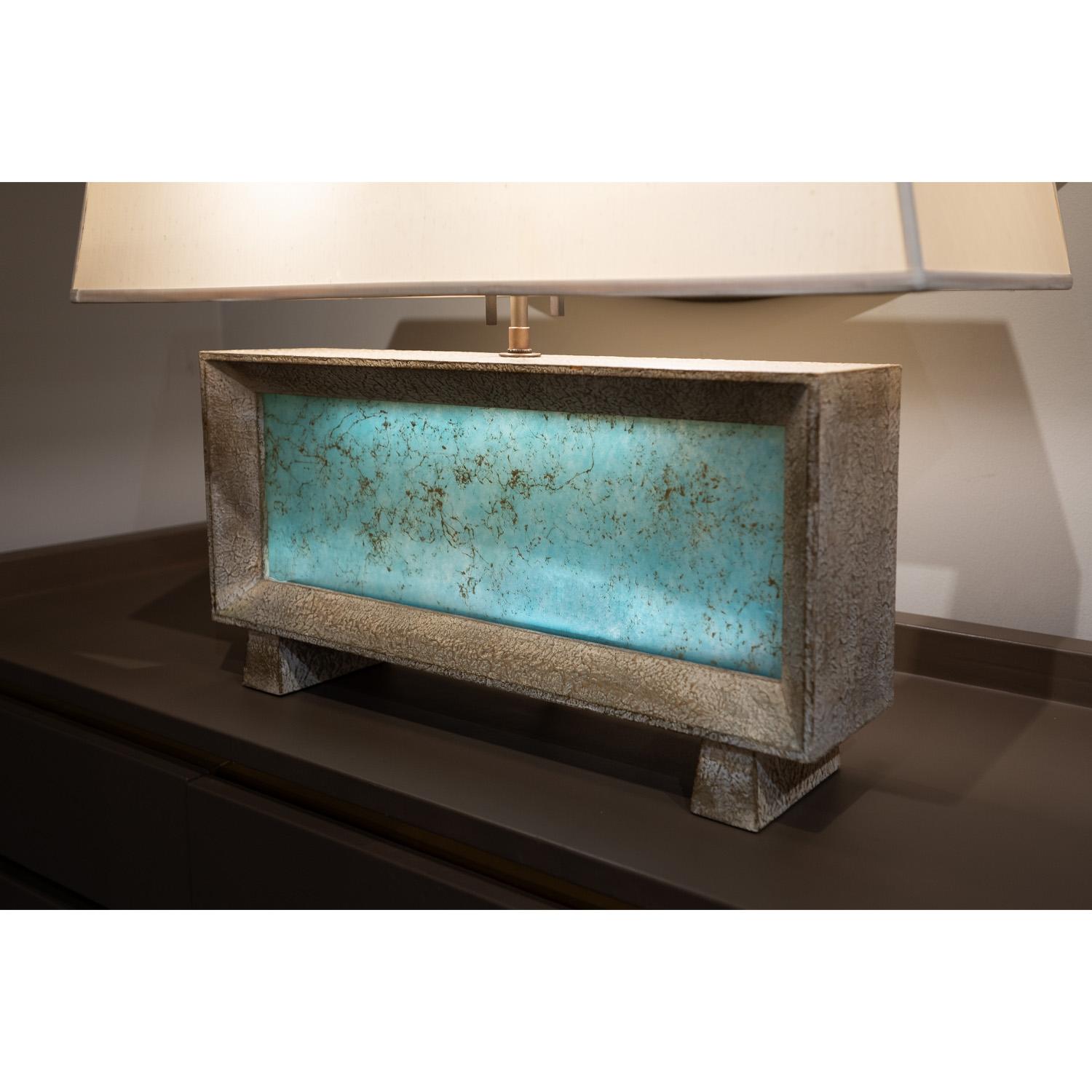 Chic Boxy Table Lamp in Textured Resin with Illuminating Front Panel 1940s For Sale 2