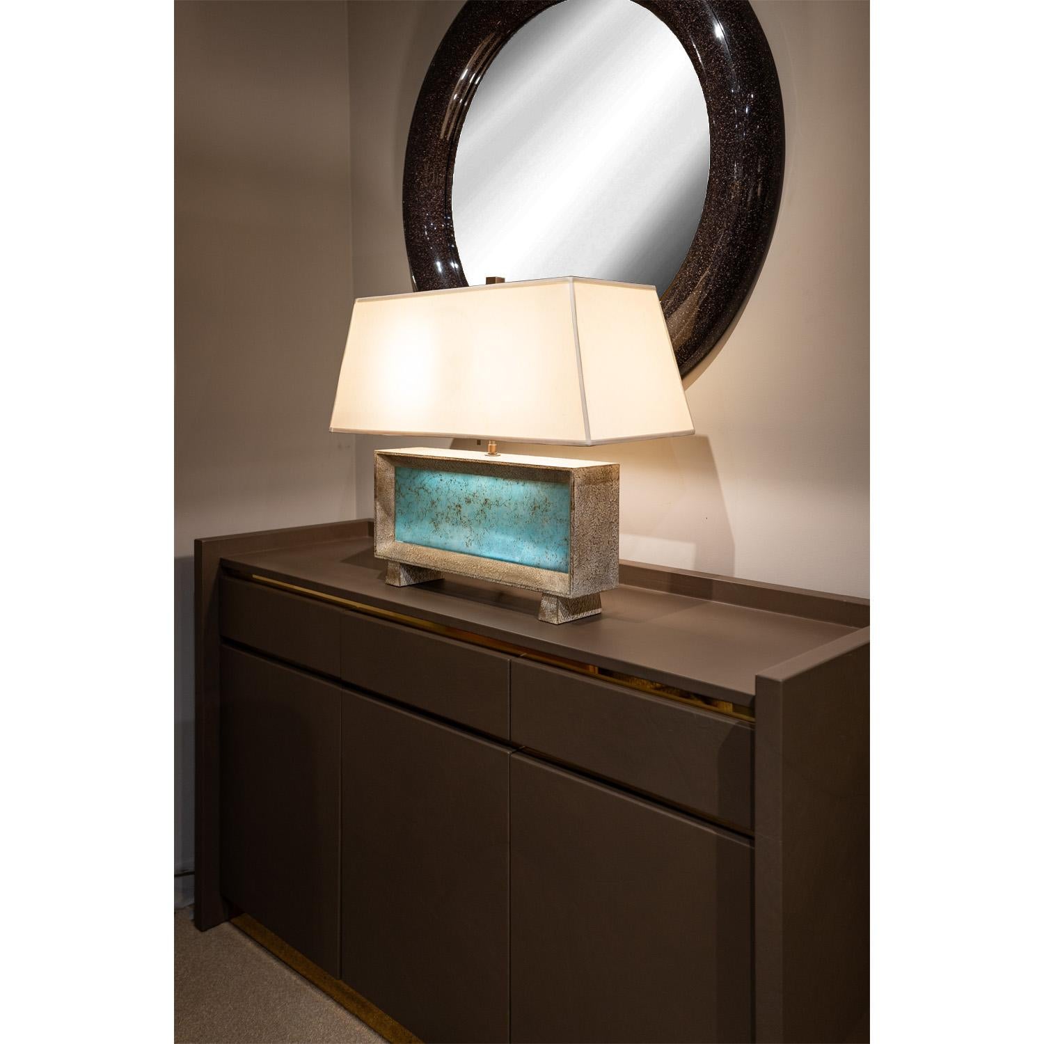 Chic Boxy Table Lamp in Textured Resin with Illuminating Front Panel 1940s For Sale 3