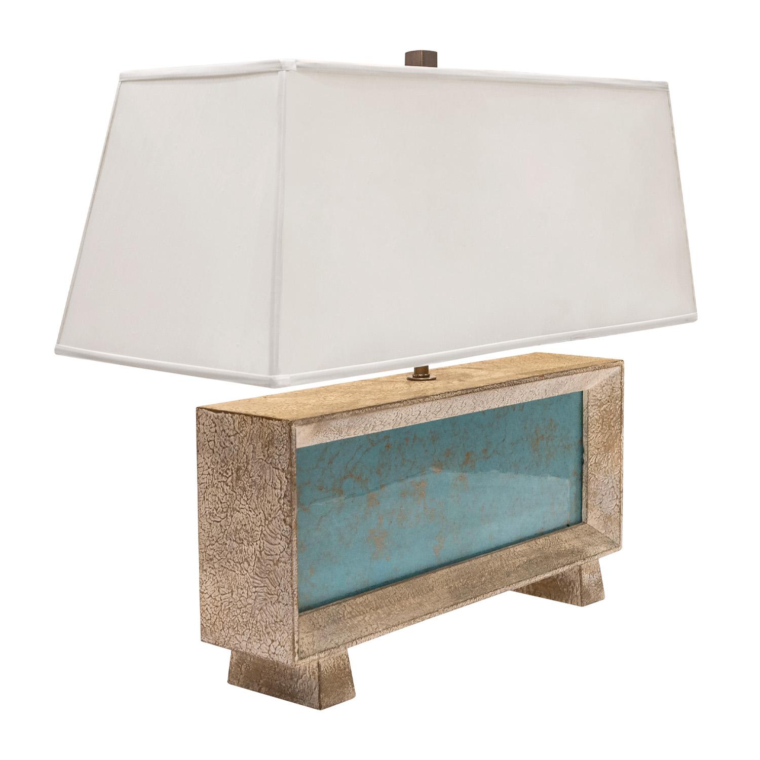 Mid-Century Modern Chic Boxy Table Lamp in Textured Resin with Illuminating Front Panel 1940s For Sale