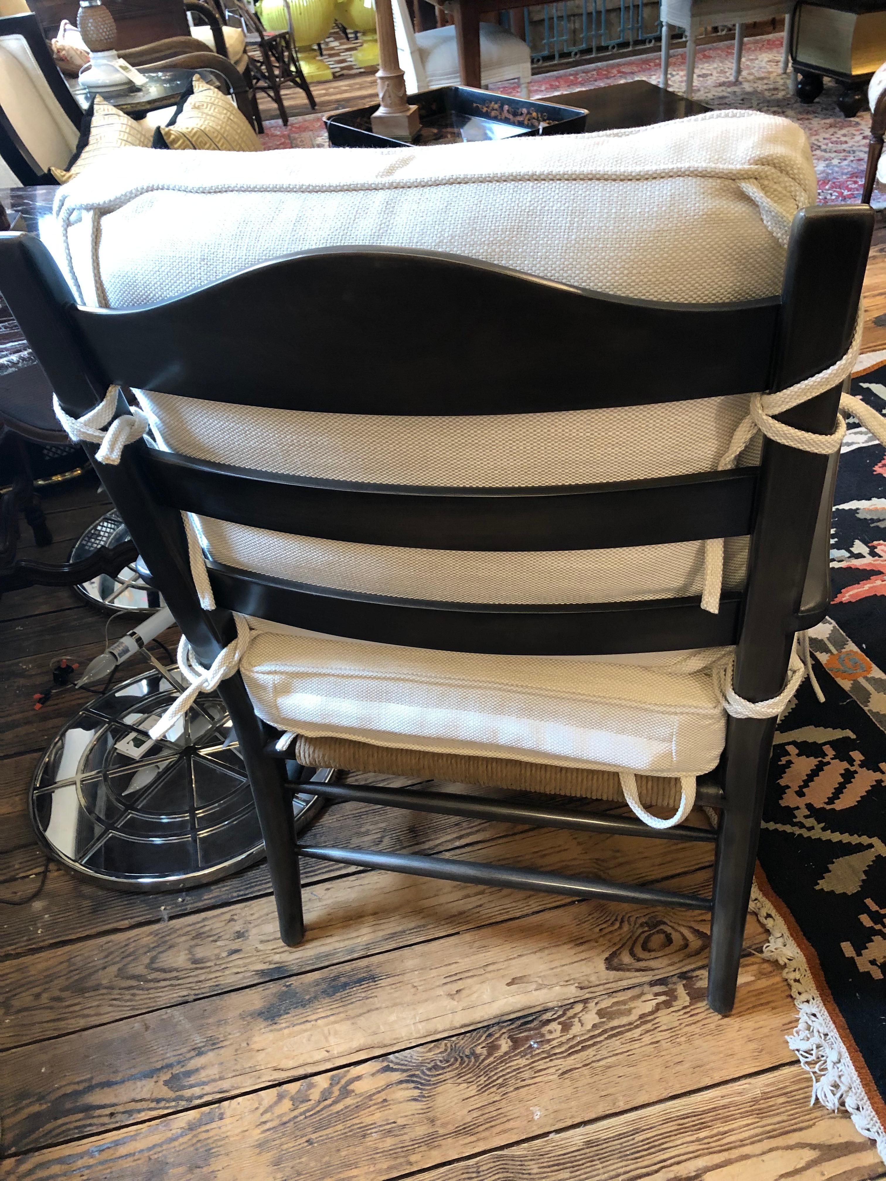 Chic Classic Single Large Club Chair with Rush Seat and New Upholstery In Good Condition In Hopewell, NJ