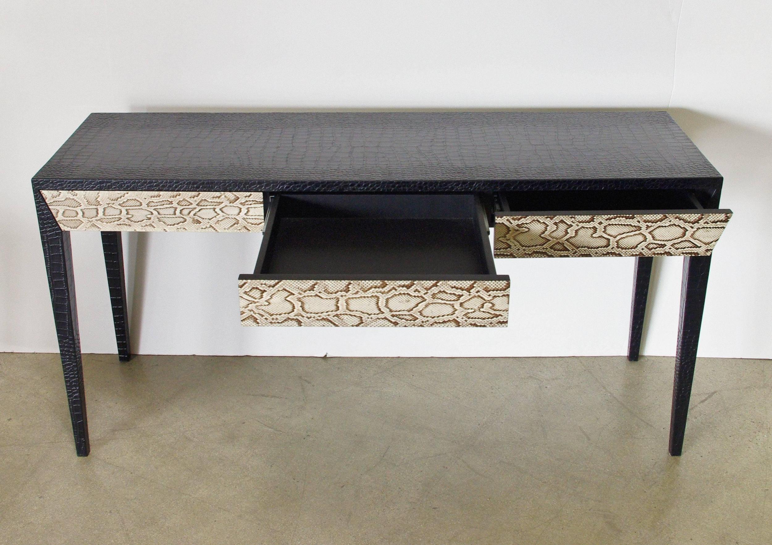 Italian Chic Console Table w/ Black Leather & Snake Skin Attrib. to Karl Springer, 1970s For Sale