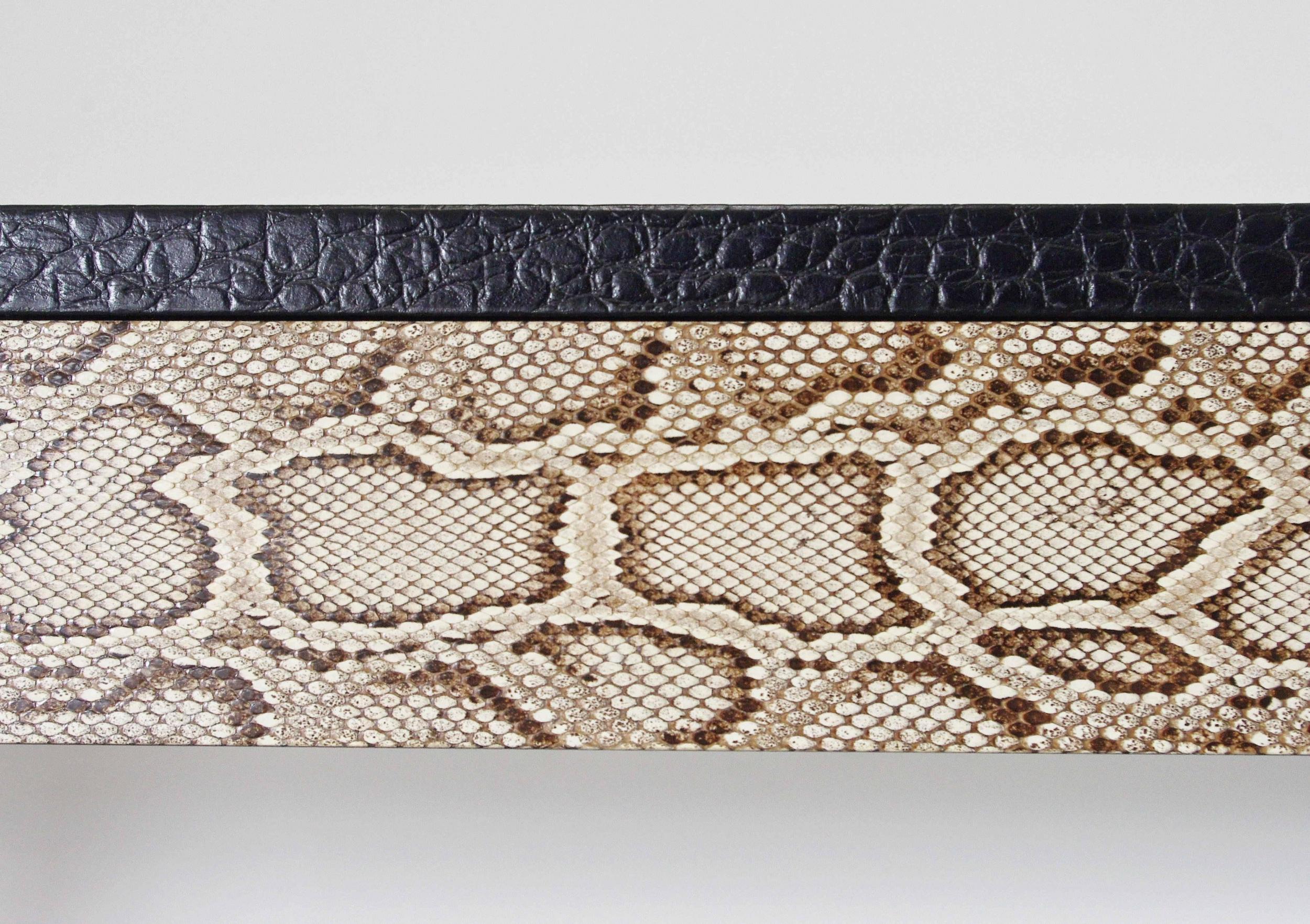Late 20th Century Chic Console Table w/ Black Leather & Snake Skin Attrib. to Karl Springer, 1970s For Sale
