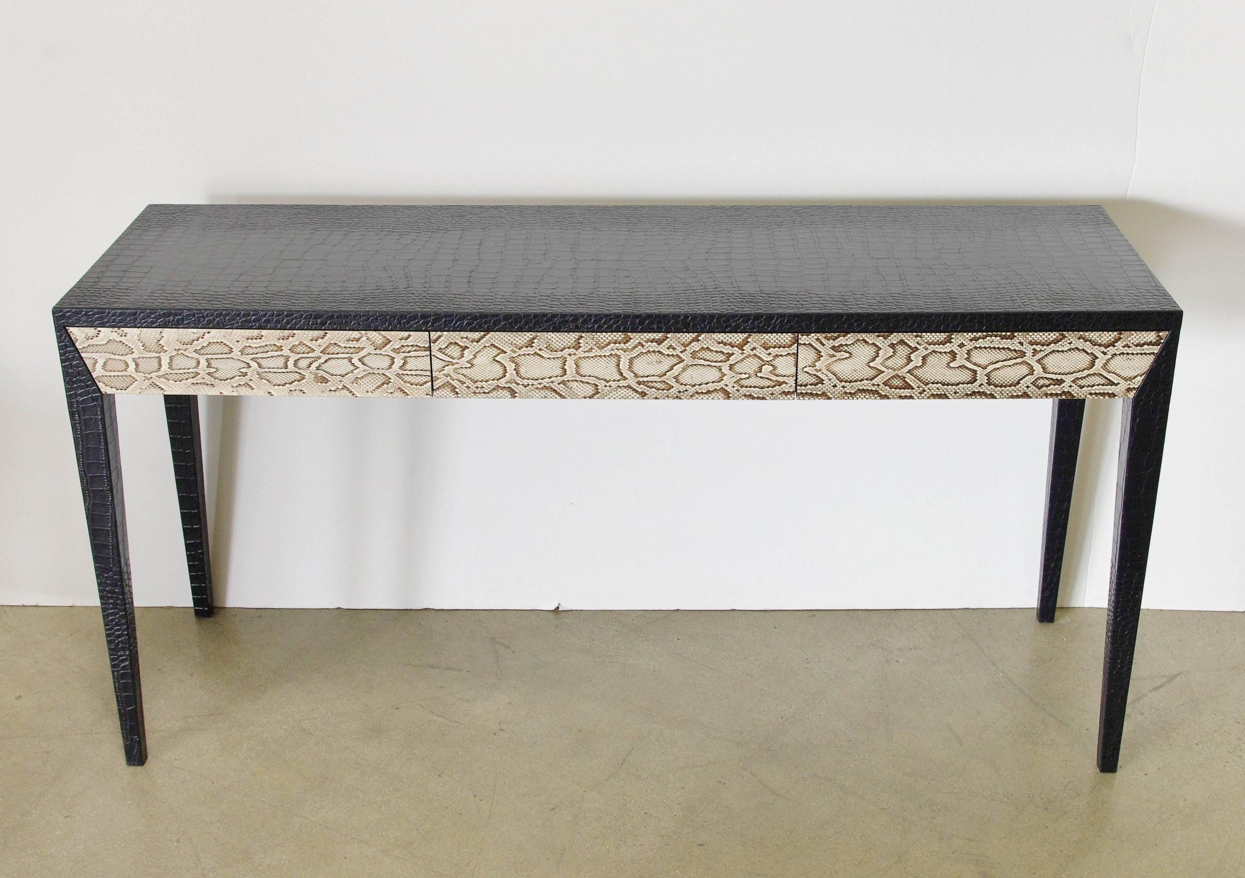Chic Console Table w/ Black Leather & Snake Skin Attrib. to Karl Springer, 1970s For Sale 1
