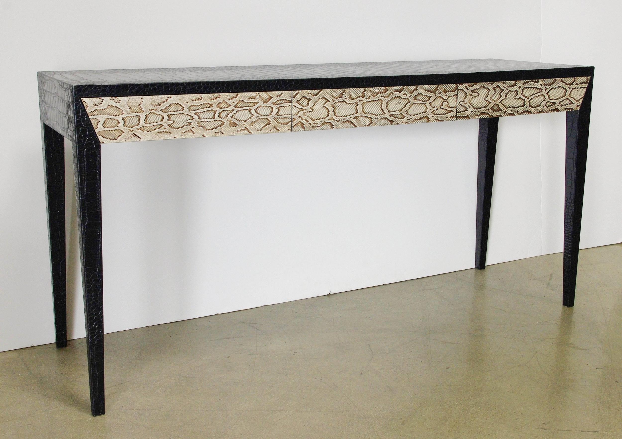 Chic Console Table w/ Black Leather & Snake Skin Attrib. to Karl Springer, 1970s For Sale 2