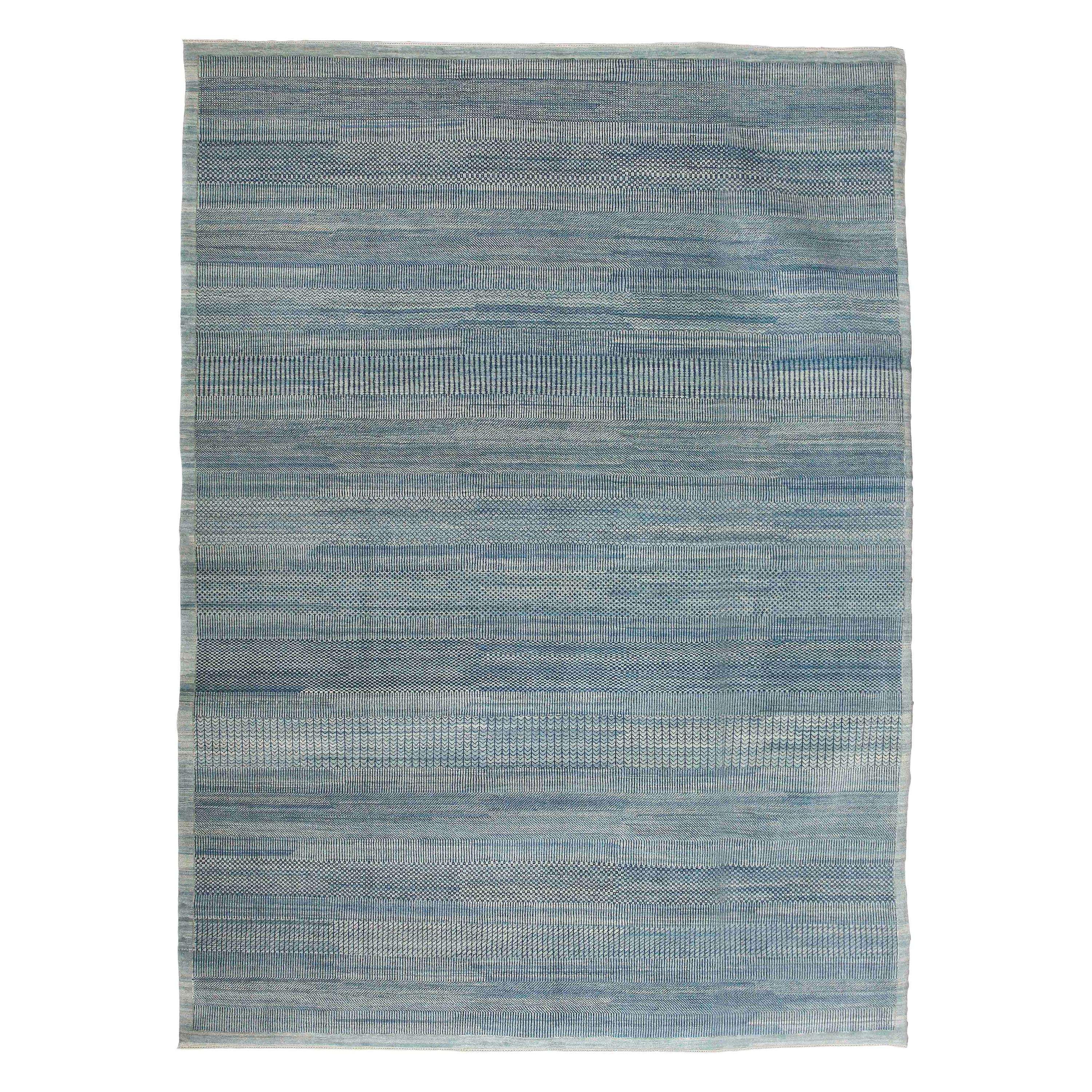 Hand-knotted Wool Modern Persian Rug, Blue, 9’ x 12’ For Sale