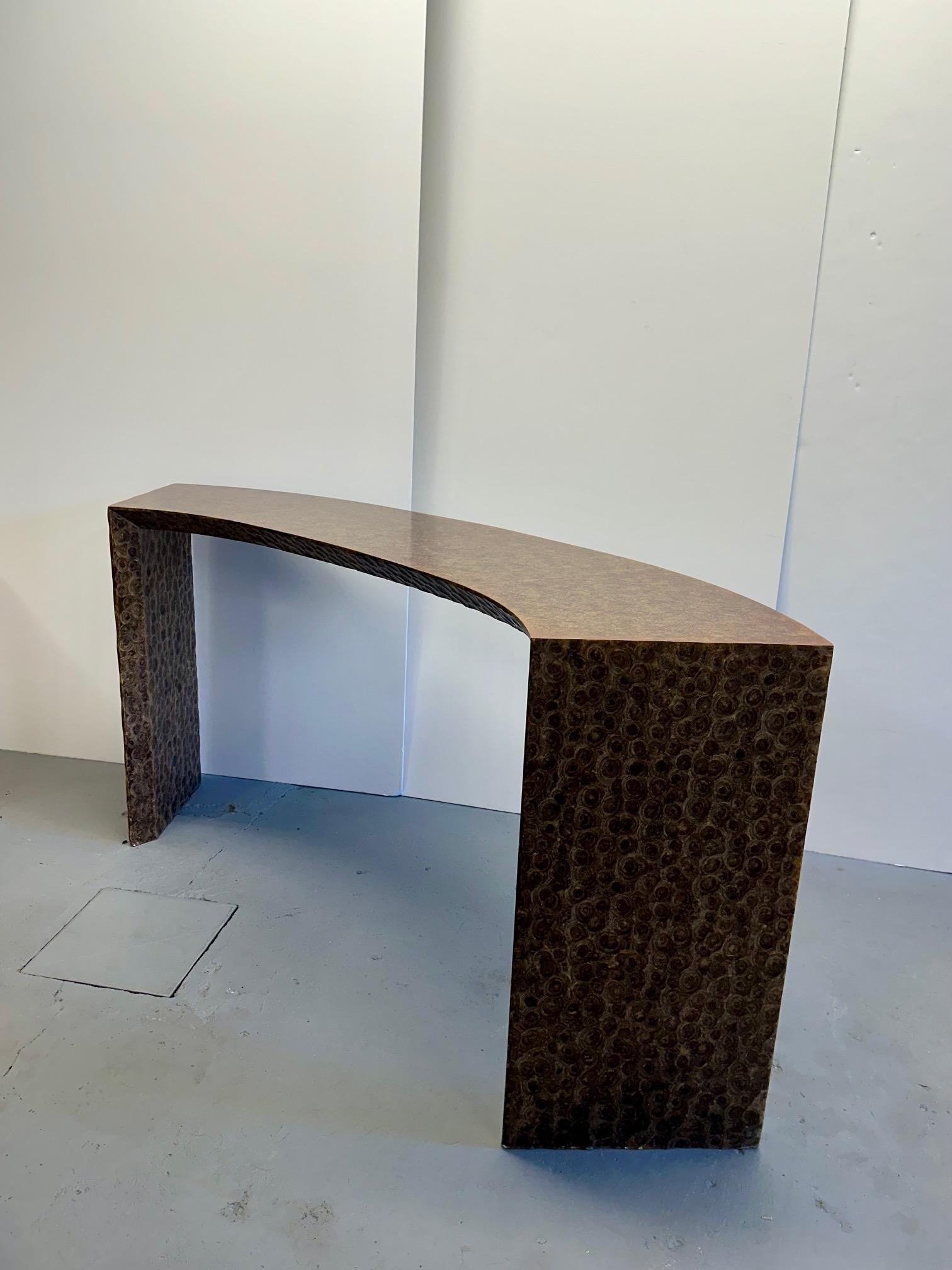 Glamorous organic modern curved console table made of brown capiz shell.  Some of the surfaces have a gorgeous texture, while the top has a beautiful coordinating metallic finish.  Could be used as a sleek writing desk as well.