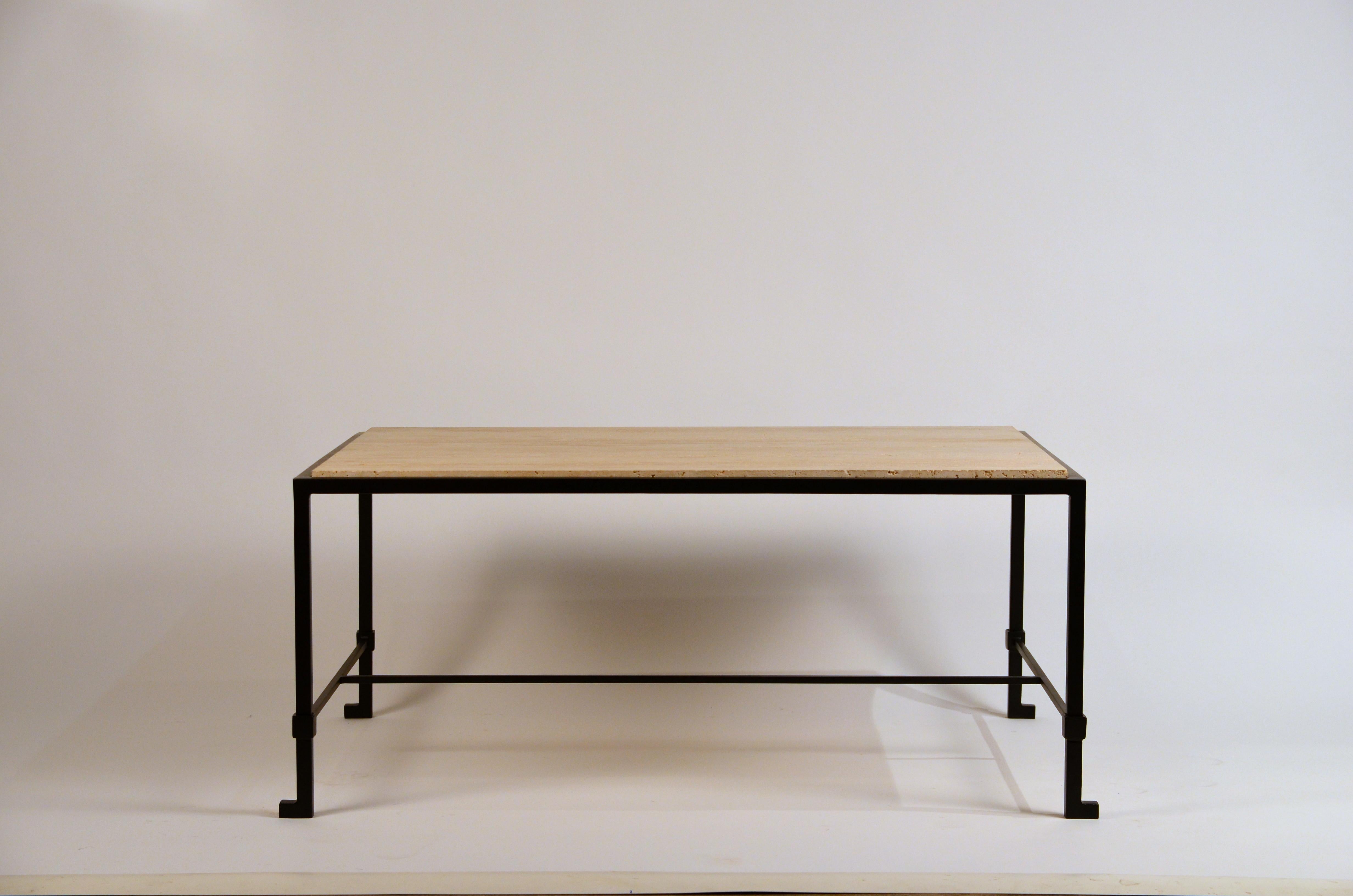 French Chic 'Diagramme' Wrought Iron and Travertine Coffee Table by Design Frères For Sale