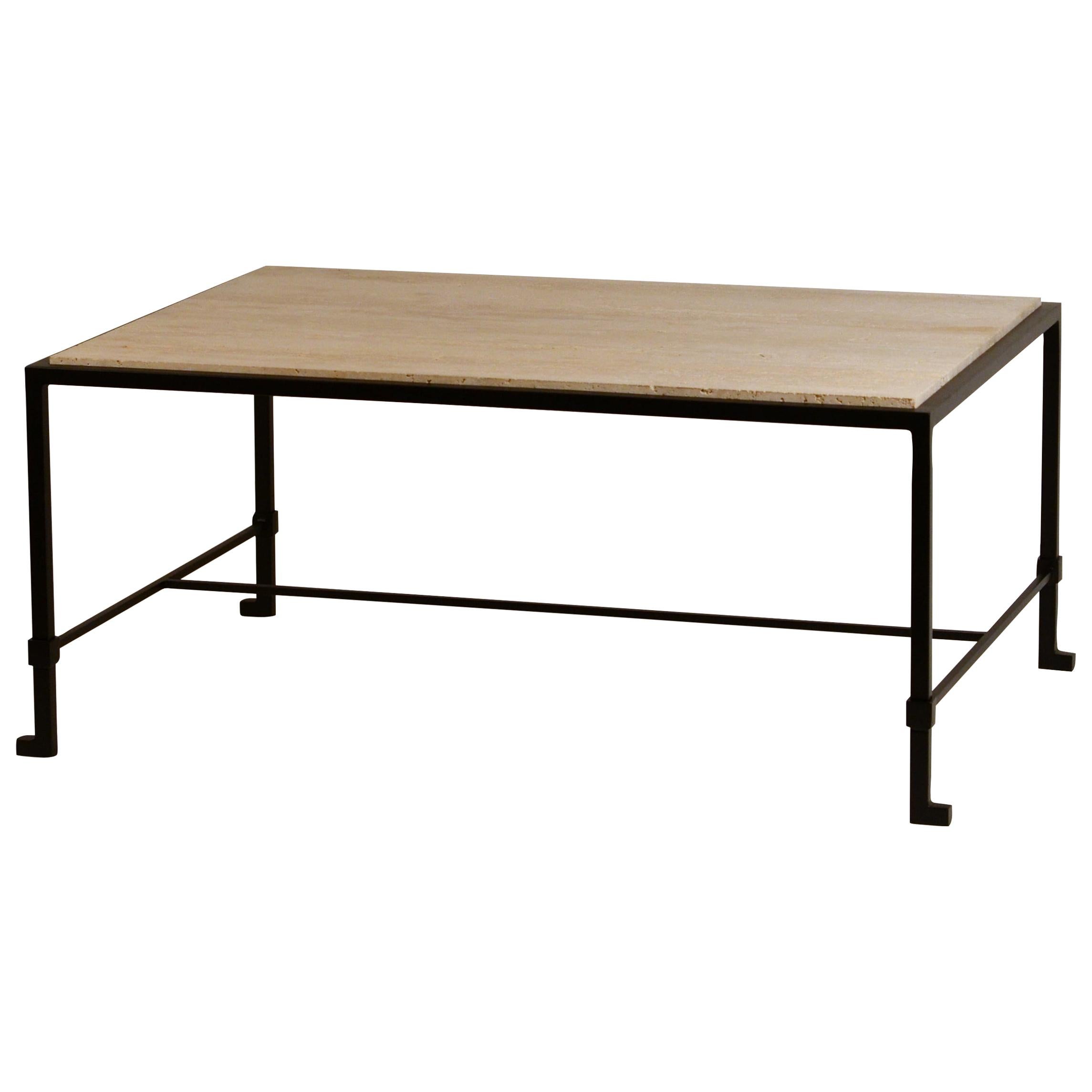 Chic 'Diagramme' Wrought Iron and Travertine Coffee Table by Design Frères For Sale