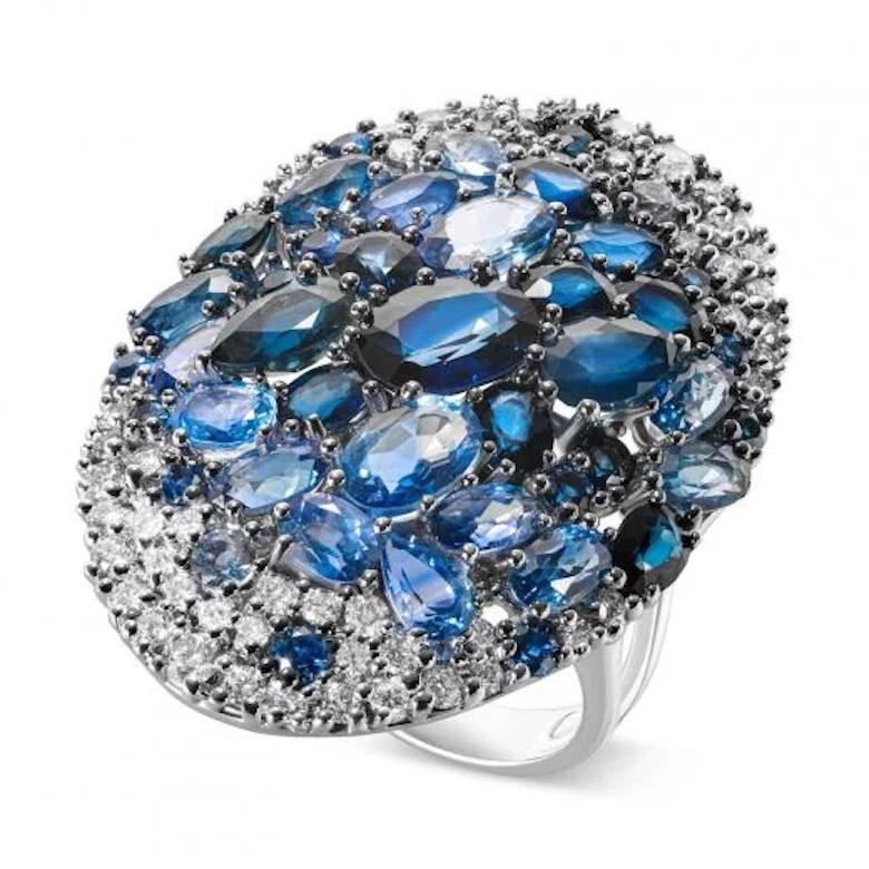 Round Cut Chic Diamond Blue Sapphire White 14k Gold Ring for Her For Sale