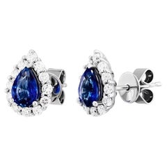 Chic Diamond Blue Sapphire White 18k Gold Studs Earrings for Her