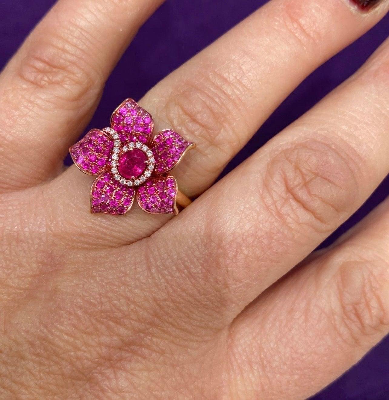 De las mujeres Elegante Anillo de Oro Rosa con Zafiro Rosa Diamante y Rubí Precioso para Ella en venta