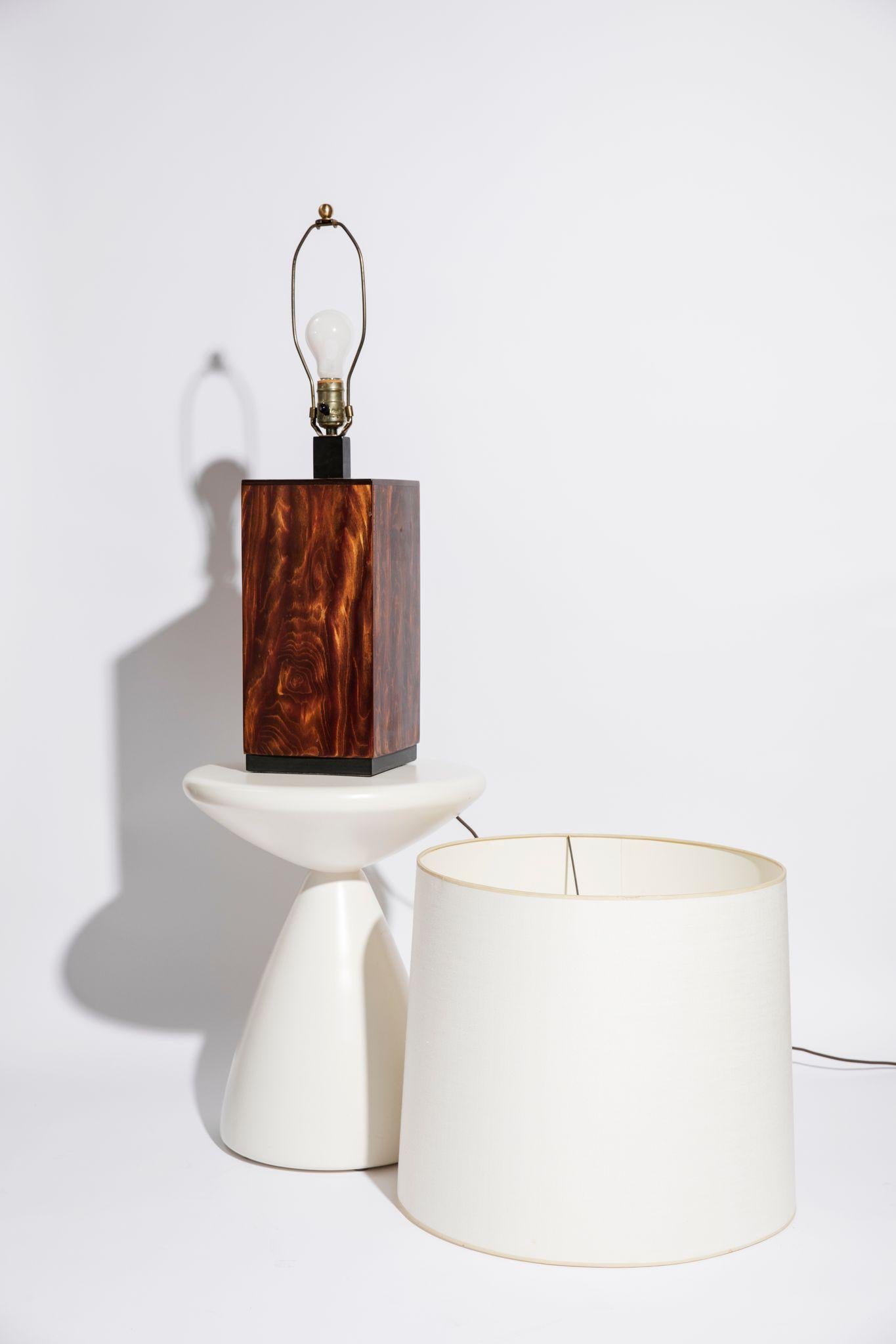 Modern Chic Exotic Wood Lamp with Custom Linen Shade For Sale
