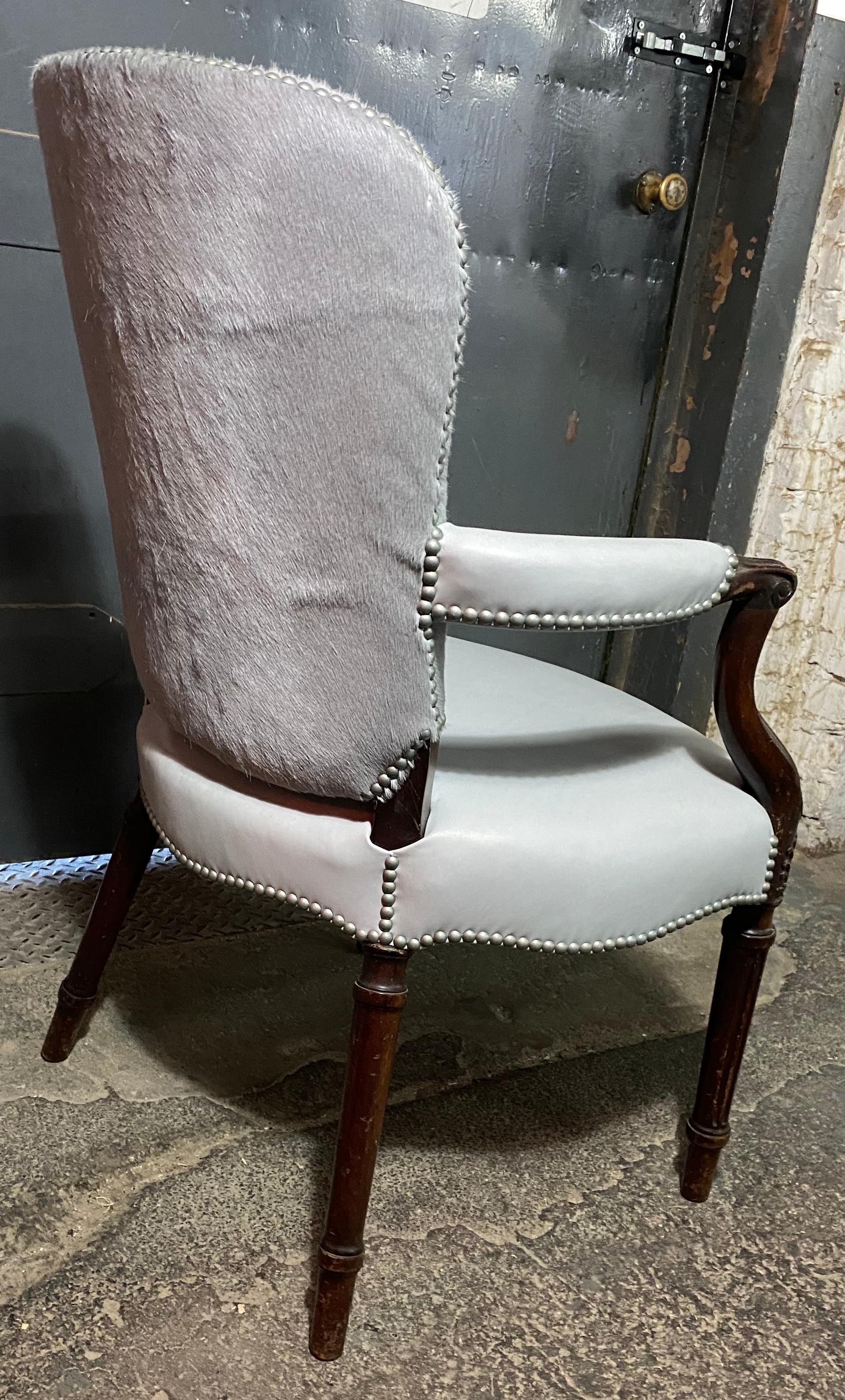 French Chic Fauteuil in a Soft Gray Leather Seat and Matching Hair-on-Hide Back For Sale