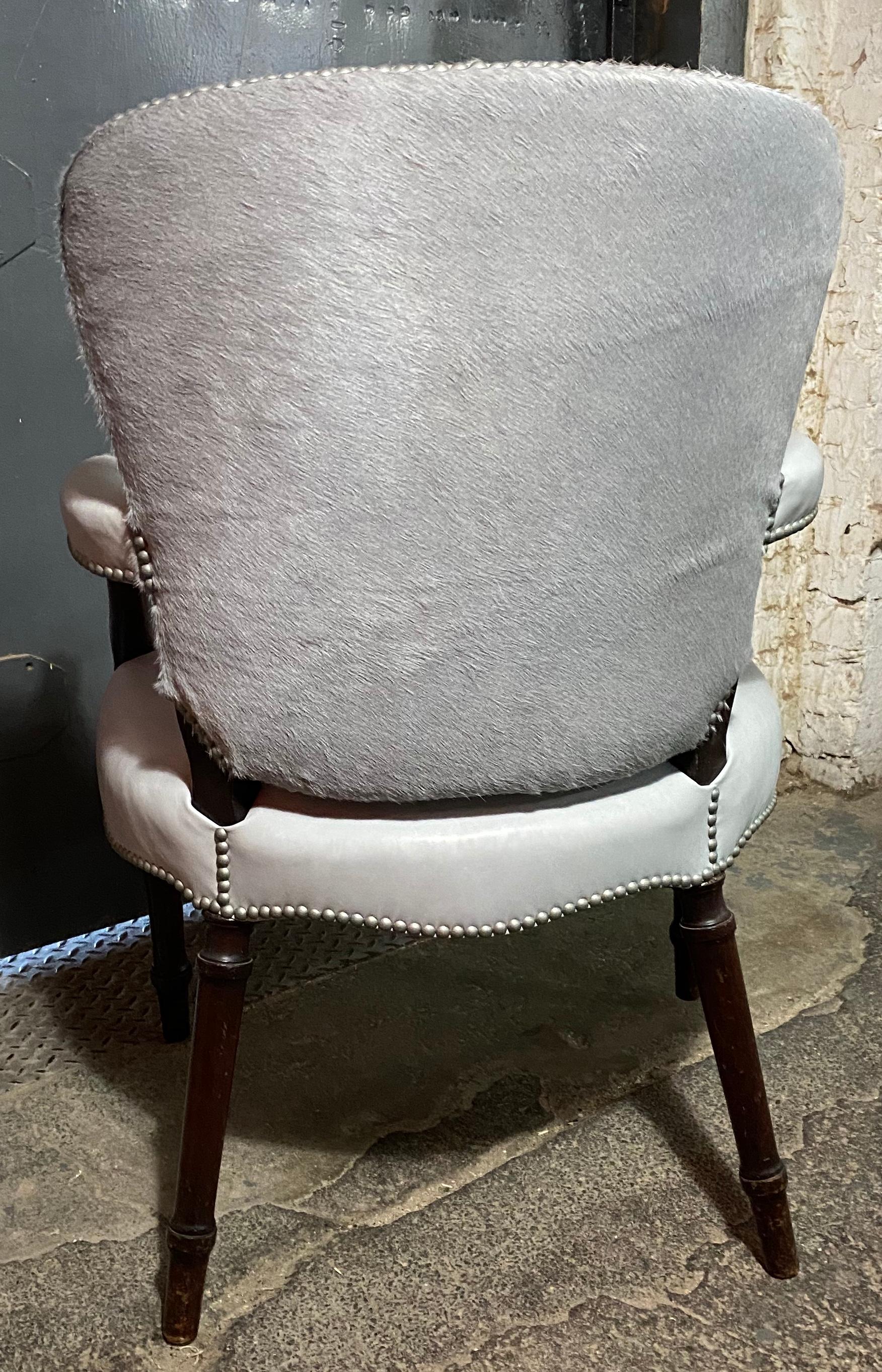 Chic Fauteuil in a Soft Gray Leather Seat and Matching Hair-on-Hide Back For Sale 1